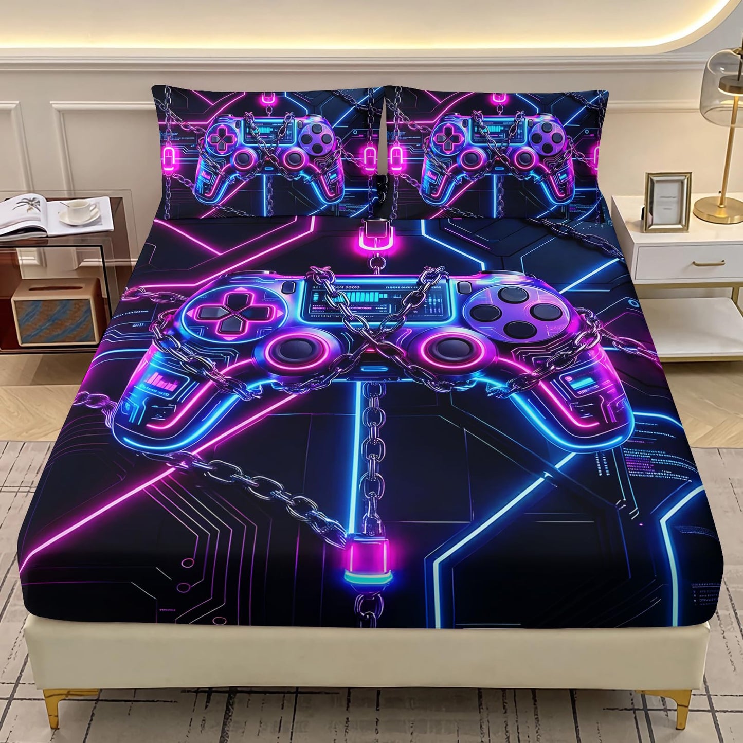 AILONEN Gaming Fitted Sheet Set Full - Neon Controller Print Microfiber Sheet - Modern Gamer Bedding for Boys Girls & Decor - 2 Pillowcases