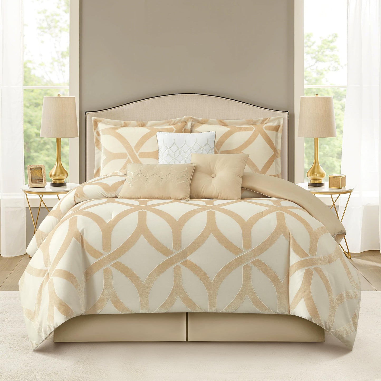 Stratford Park Grand Avenue Gold Comforter Set King, Polyester Geometric 7 Piece Bedding, Jacquard with Matching Solid Microfiber Piece Work, All Season Bedding Sets, Matching Bedskirt, Pillow Shams