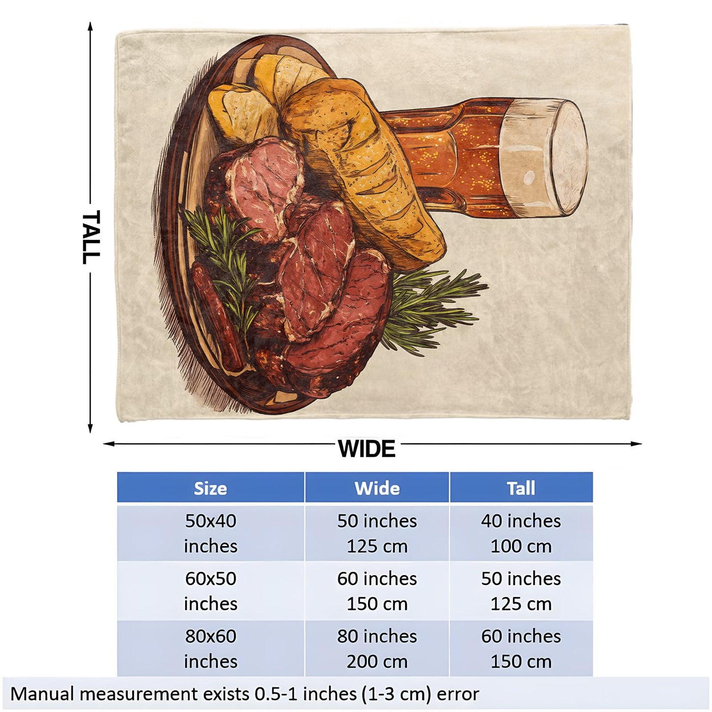 SIUKUS Delicious Beef Steak Bread Flannel Throw Blanket for Bedroom Kitchen Bar,Rustic Meat and Beer Decorative Blankets,Soft Lightweight Throws,Thoughtful Gifts for Adults Food Lovers,50x60 Inch