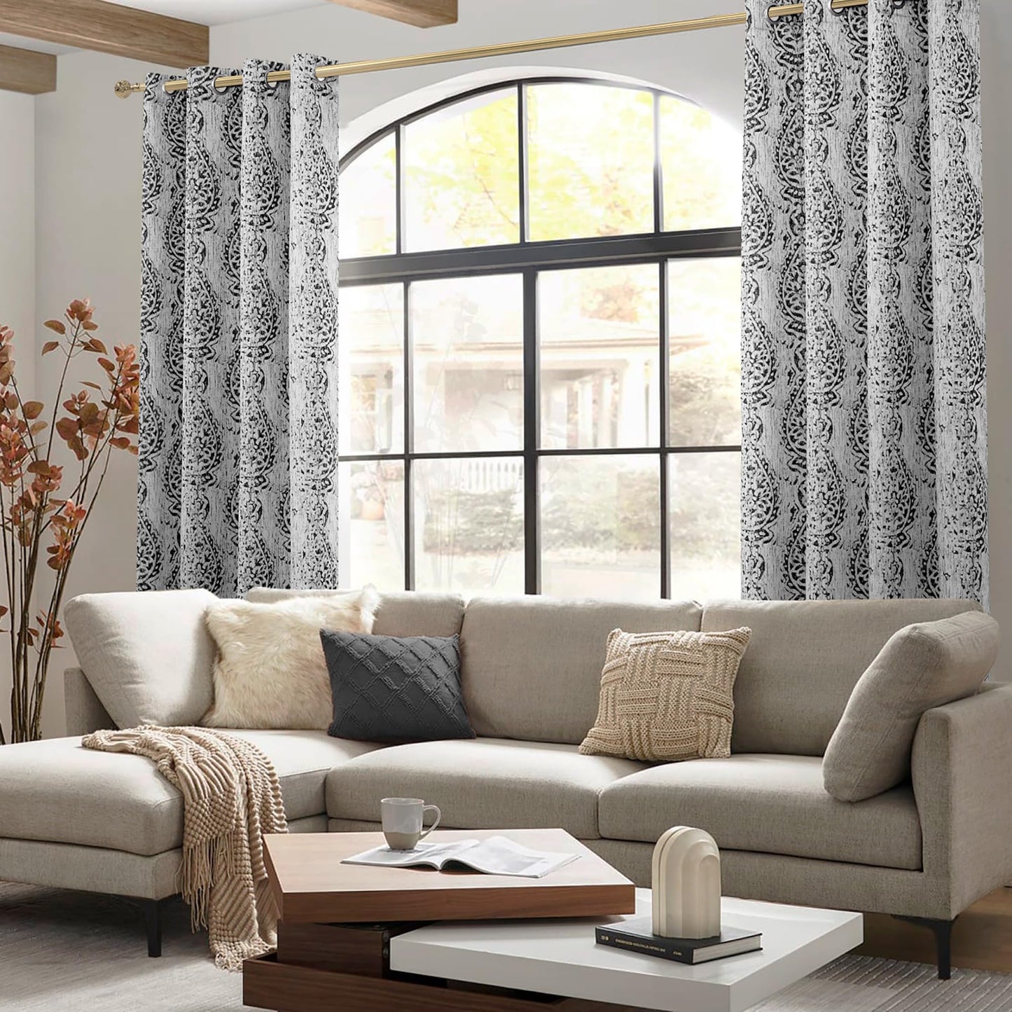 Black and Grey Cream Living Room Curtains 84 Inches Long Damask Patterned Dark Light Blocking Window Treatments Room Curtains Drapes for Bedroom,52x84 Inch Length 2 Panels Set