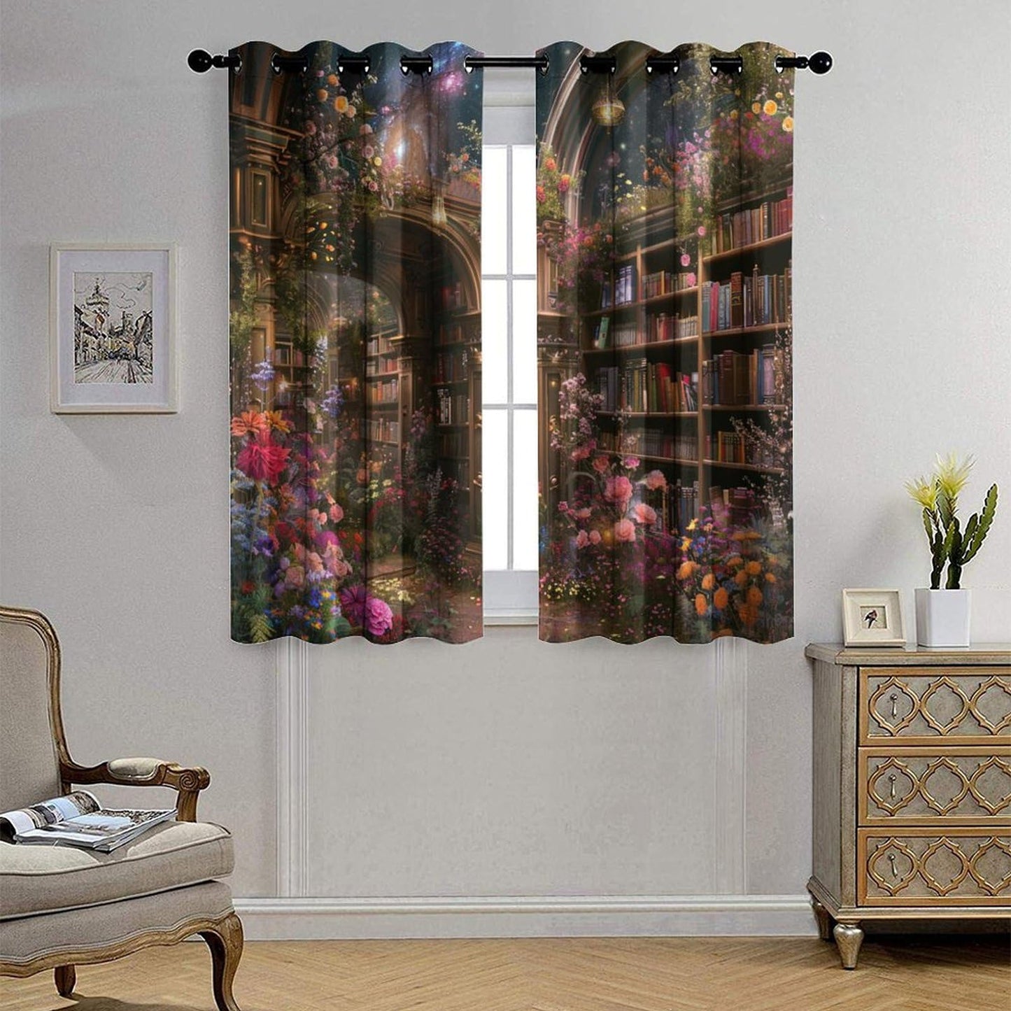 HDESDIS Floral Bookshelf Blackout Curtains for Bedroom Living Room, Colorful Star Galaxy Library Thermal Insulated Curtains Window Drapes with Grommet, 21W x 45L, 2 Panels