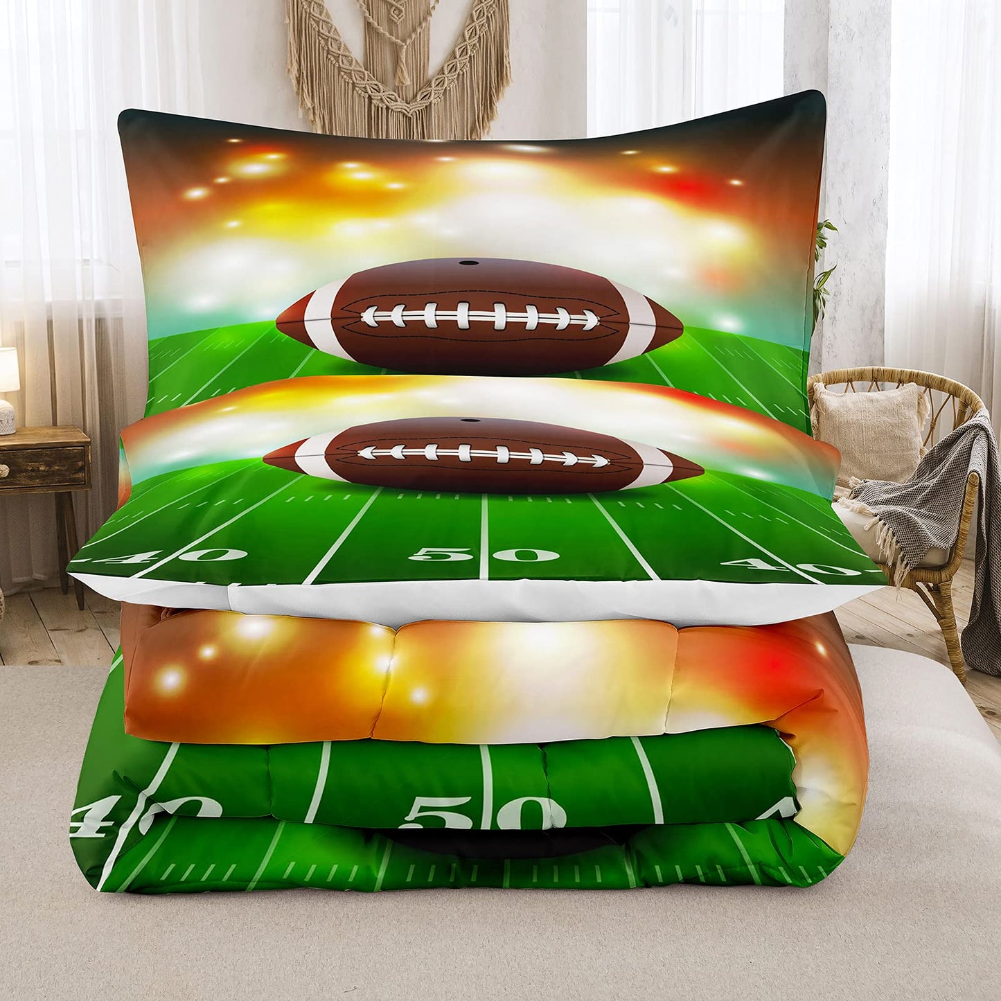 Bodhi Football Comforter Set Queen for Boys Kids Green Rugby Field Bedding Set with Fire Comforter and Pillowcase, Soft Sports Quilt, Queen Size #4011