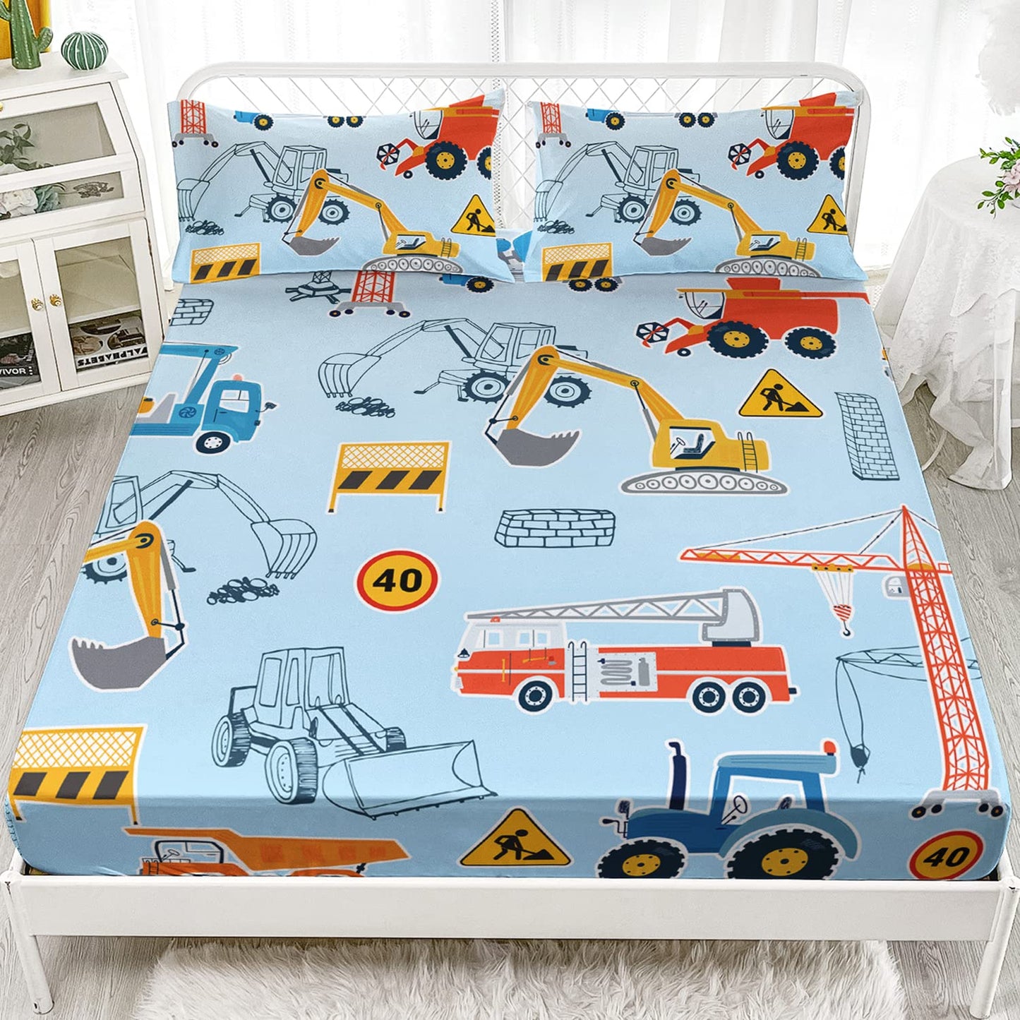 HOSIMA Cartoon Car Fitted Sheet 3Piece Set with Construction Site Excavator Crane and Tractor Design,Kawaii Bedding Set for Boys Girls in Light Blue Fitted Sheet Set Queen Size with 2 Pillowcases.