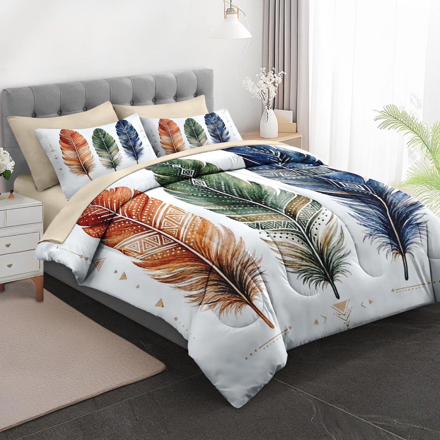 Boewywh Comforter Set Twin Size Feather Boho Aztec 7 Pcs, Bedding for Kids and Adults, Western Geometric Bed Sheet Sets with Fitted Sheet 2 Pillowcases & 2 Shams for Bedroom Bed Decor
