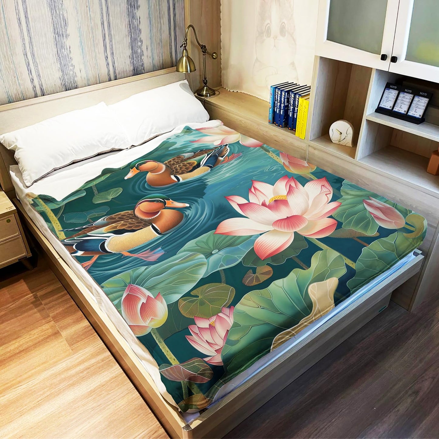 Lotus & Mandarin Ducks Blanket, Traditional Art Home Decor, Super Soft Fleece Throw Blankets for Couch Sofa Bed, 50" x 60"