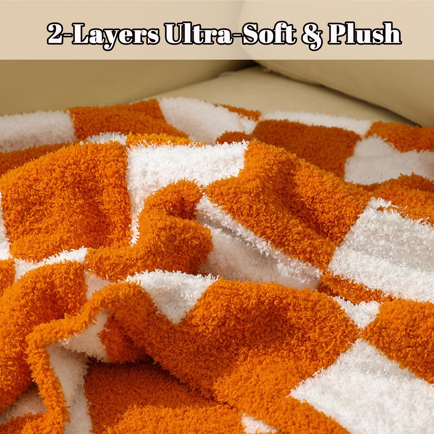 MorroMorn Checkered Throw Blanket for Couch, Orange Throw Blanket 2-Layers Soft Cozy Fleece Plaid Blankets Checkerboard Grid - Fluffy Fuzzy Plush Warm for Sofa Chair Bed Decor Gifts, 50x60 inches