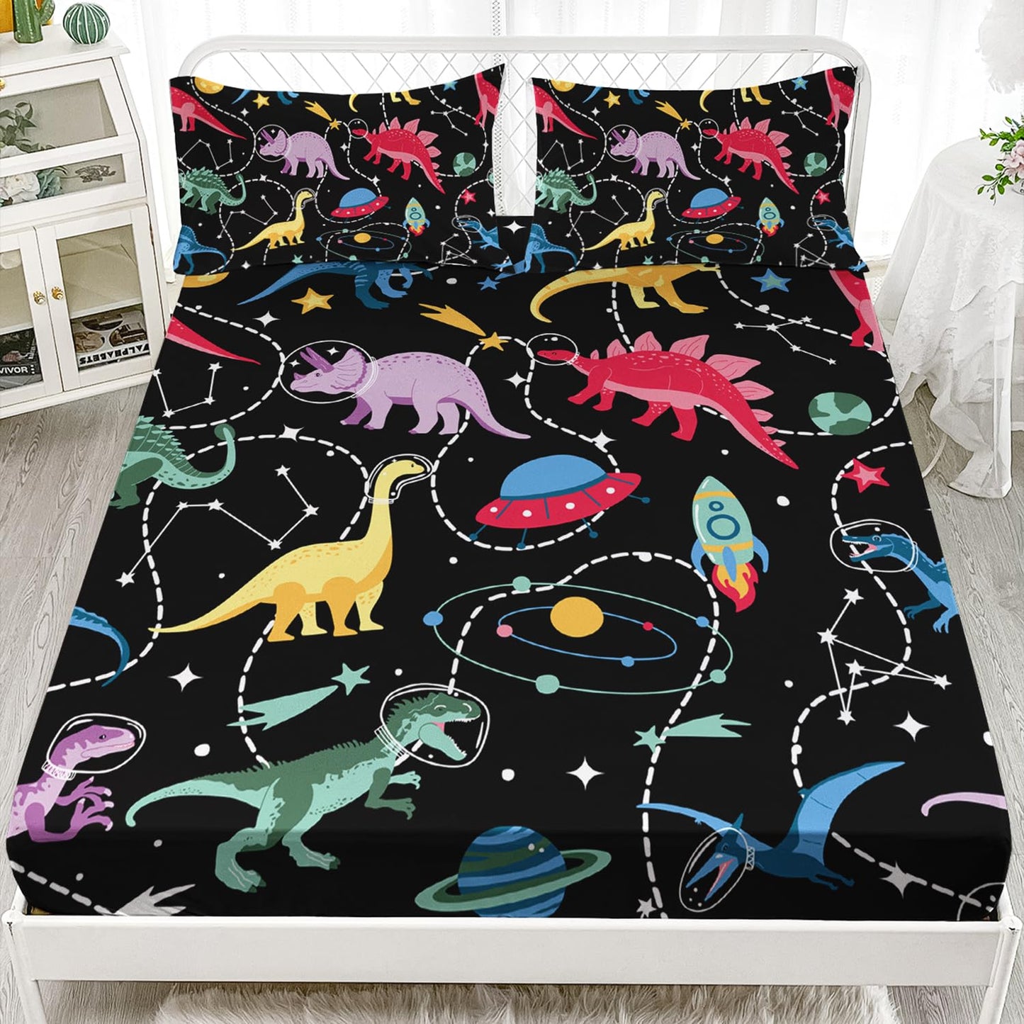 AILONEN Space Dinosaur Fitted Sheet Set Twin Size,Kids Boys Colorful Dinosaur Sheet Set,Galaxy Rocket Fitted Sheet with 2 Pillowcases,3 Pieces Soft Black