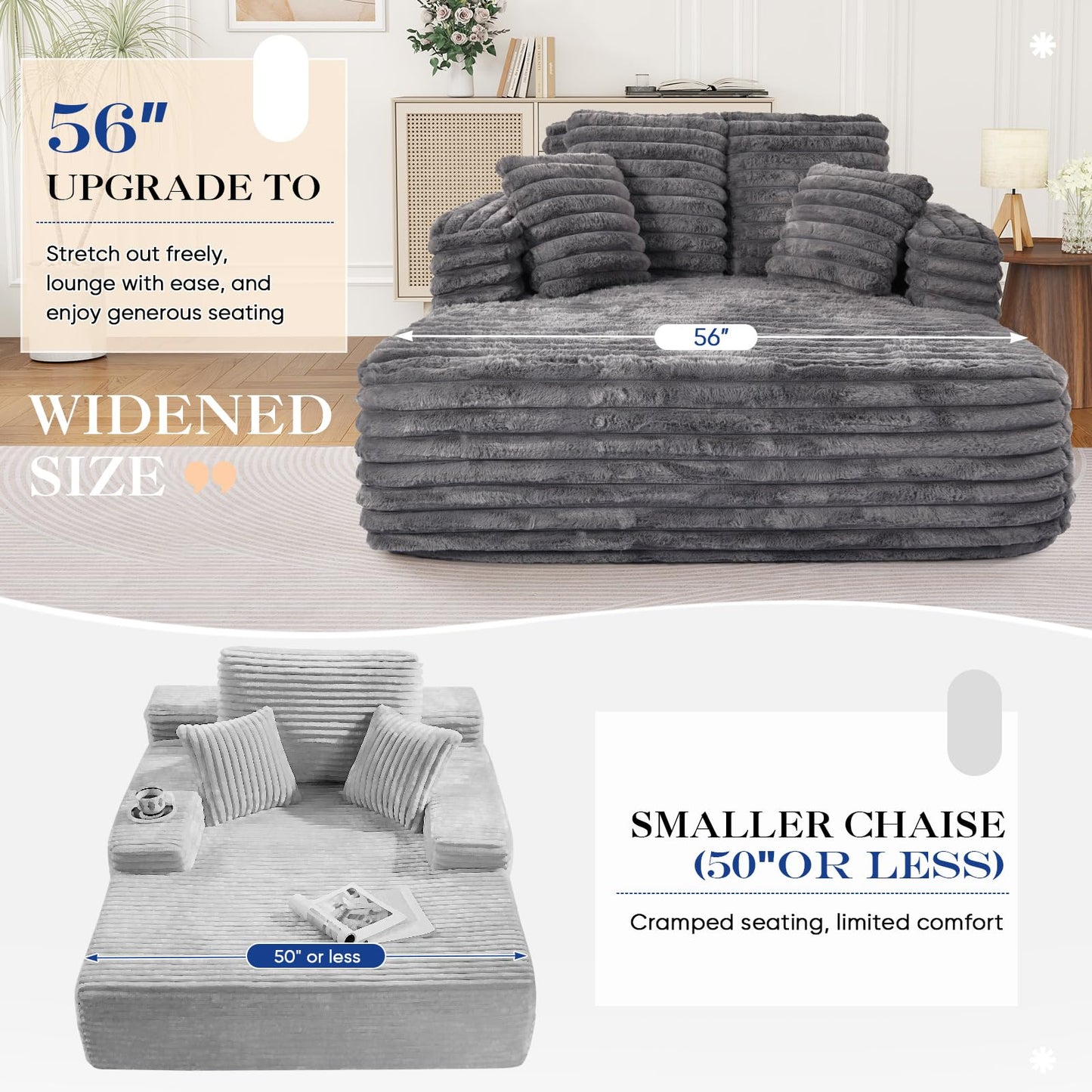 Oversized Chaise Lounge Indoor, Modern Plush Faux Fur Fabric Deep Seat Boneless Memory Foam Sleeper Chaise Lounge Sofa Chair with Pillows for Living Room Bedroom Studio, No Assembly Couch, Grey