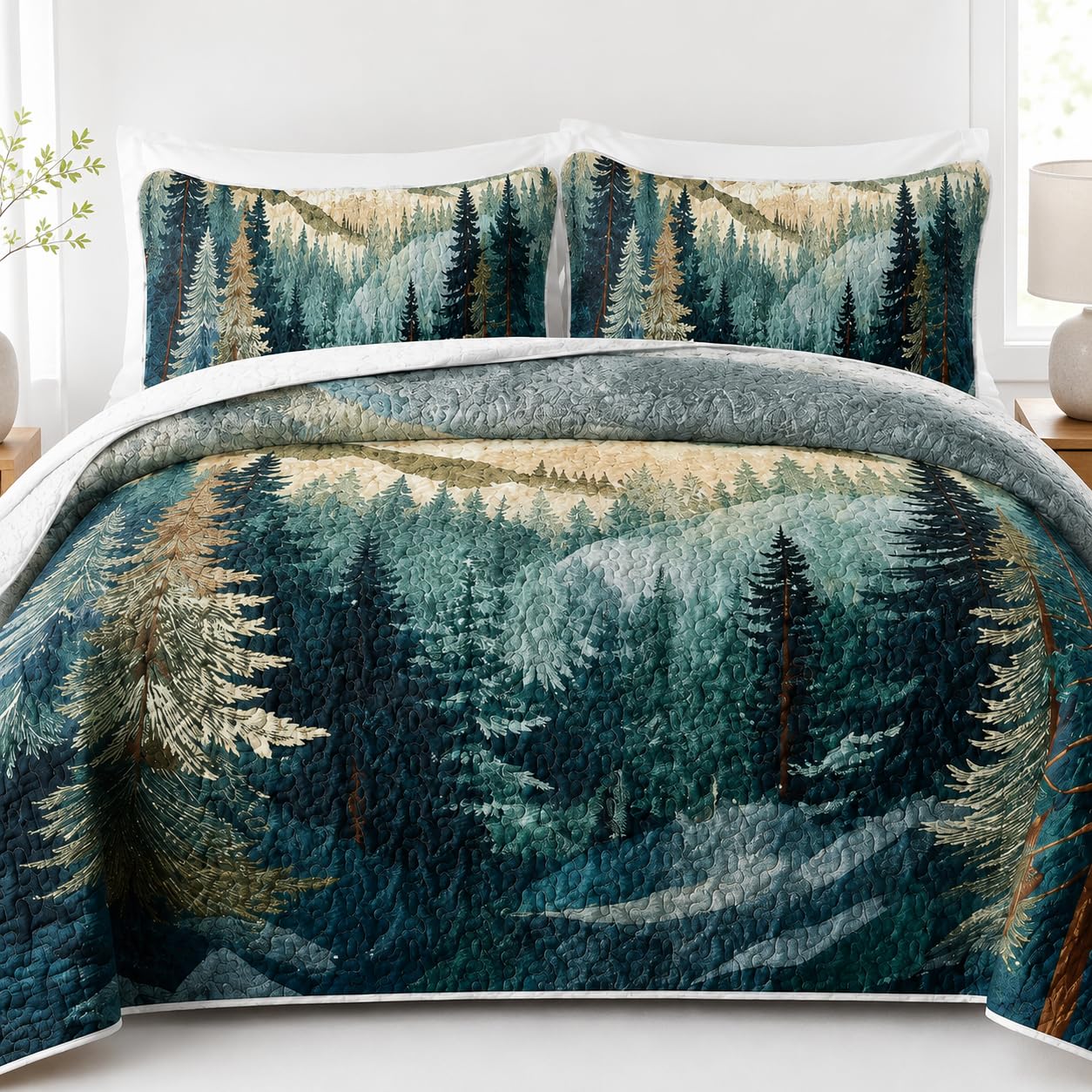 AILONEN King Bedspread Coverlet,Mountain Forest Pine Tree Textured Landscape Blue Green Bedding Quilt,2 Pillowcases,Lightweight Microfiber
