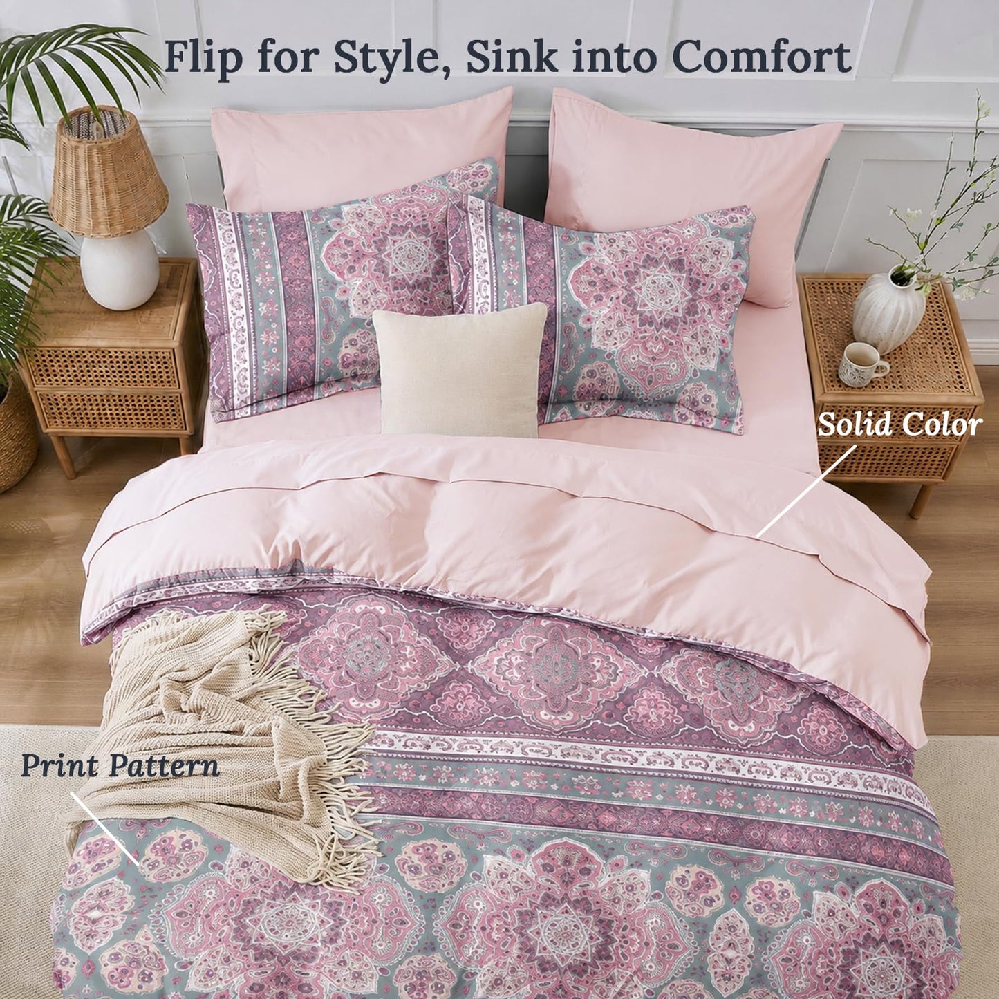 JOLLYVOGUE Queen Comforter Set 7-Piece, Bohemian Bed in a Bag, Sakura Pink