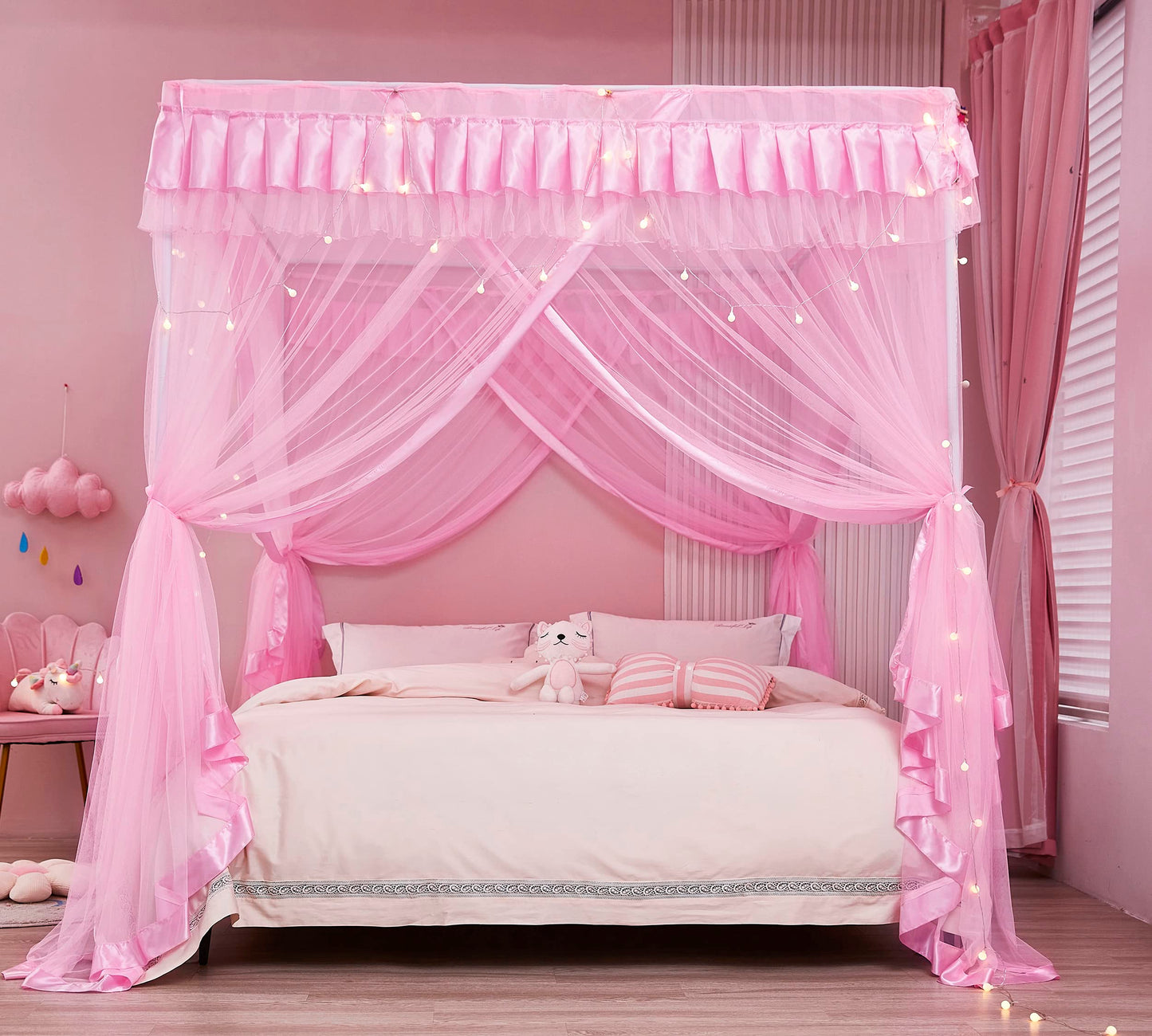 Mengersi 4 Corners Post Canopy Bed Curtains for Girls Full Size - Royal Luxurious Cozy Drape Canopy Bed Frames Netting for Kids Adults- Cute Princess Bedroom Decoration (Pink)
