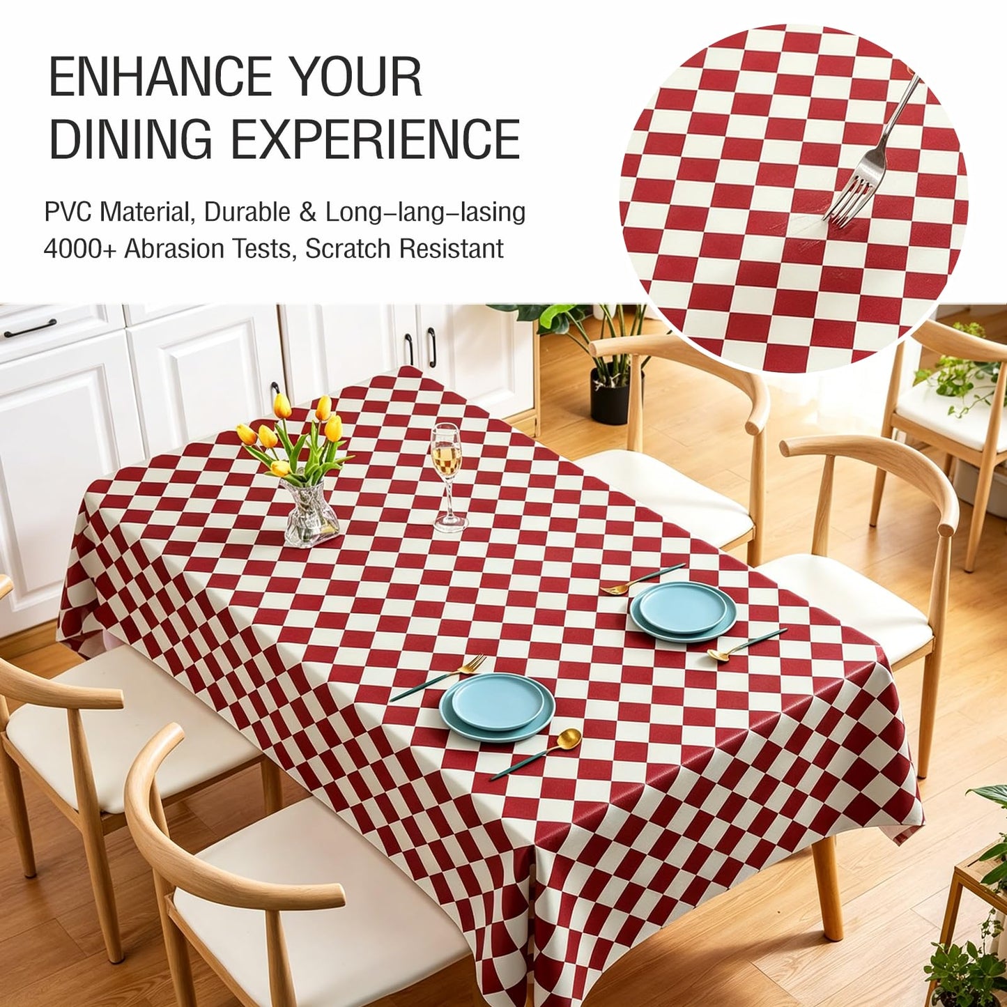 Qvthpv Rectangle Tablecloth 55"x70" Waterproof Oilproof Heat Resistant Kitchen Table Cover, Stainproof Wipe Clean Vinyl Mat for Dining Room, Everyday Use & Holiday Parties (Deep red Pattern)