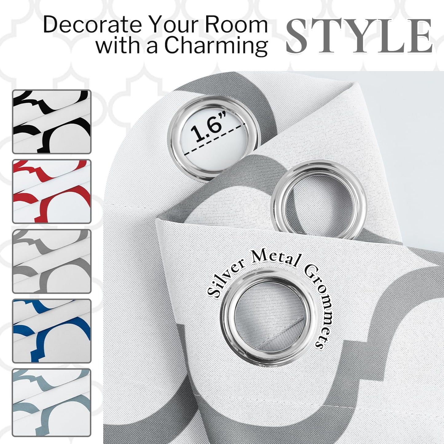 Melodieux Moroccan Printed Room Darkening Blackout Grommet Curtains for Bedroom Small Windows, 42 by 45 Inch, Off White/Grey (2 Panels)