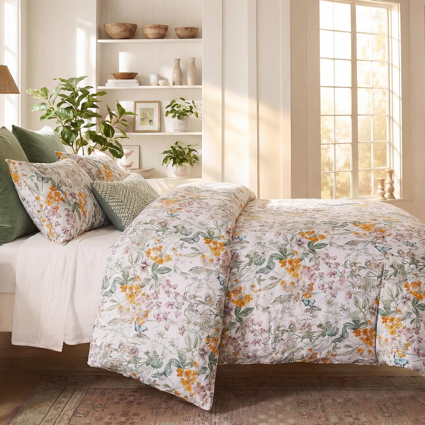 Bedorm Queen Duvet Cover 100% Cotton Floral Bedding Set with Zipper Closure Vintage Flower Leaf Botanical Bedding Soft & Durable French Country Duvet Cover Set