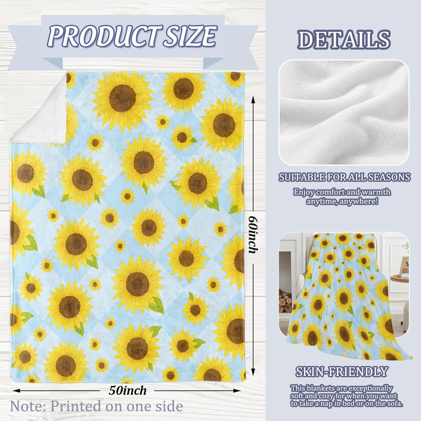 Bright Sunflower Blanket, 60 x 50 Inch Flannel Cheerful Floral Throw Blanket, Gifts for Women Girls Adults Kids, Lightweight Cozy Warm Blankets for Sofa Travel Home Decor