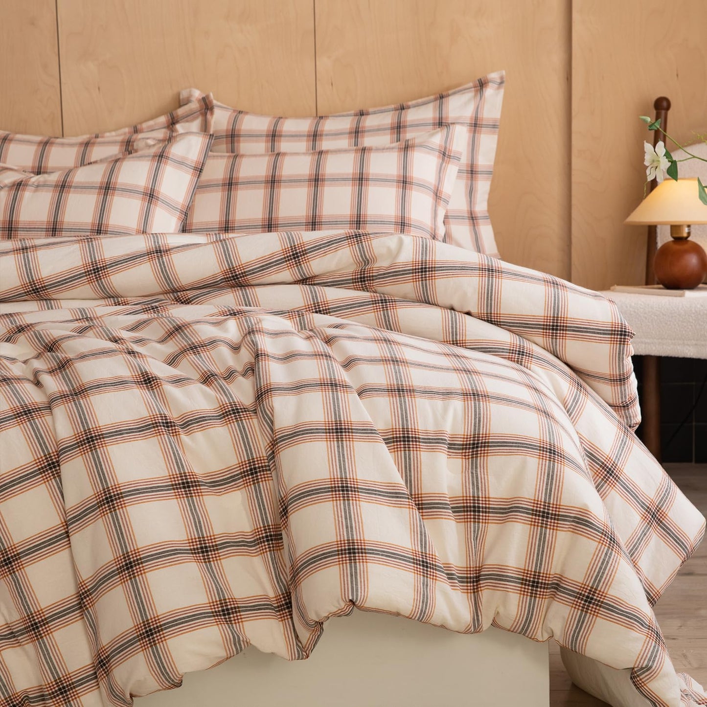 LLanCL Cotton Plaid Comforter Set Queen Size,100% Cotton Cover with Polyester Fill,Ultra Soft,Breathable,Lightweight Bedding for All Seasons,1 Comforter 90"x90" & 2 Pillow Shams 20"x26"(Beige)