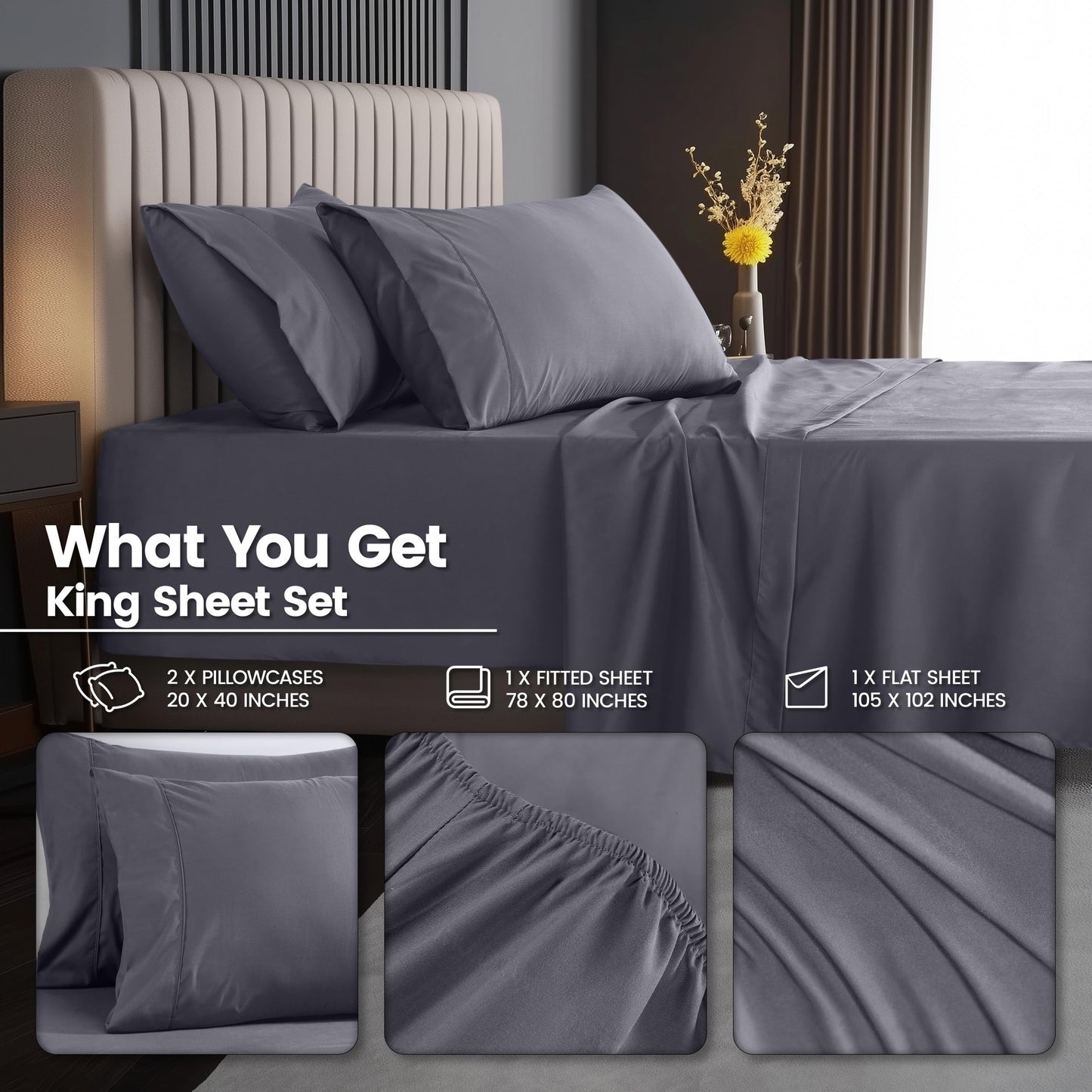 Utopia Bedding King Size Extra Deep Pocket Sheet Set – Fits Mattresses Up to 21 inches – Cooling, Soft & Breathable – Oeko-Tex 4 Piece Bed Sheets (Grey)
