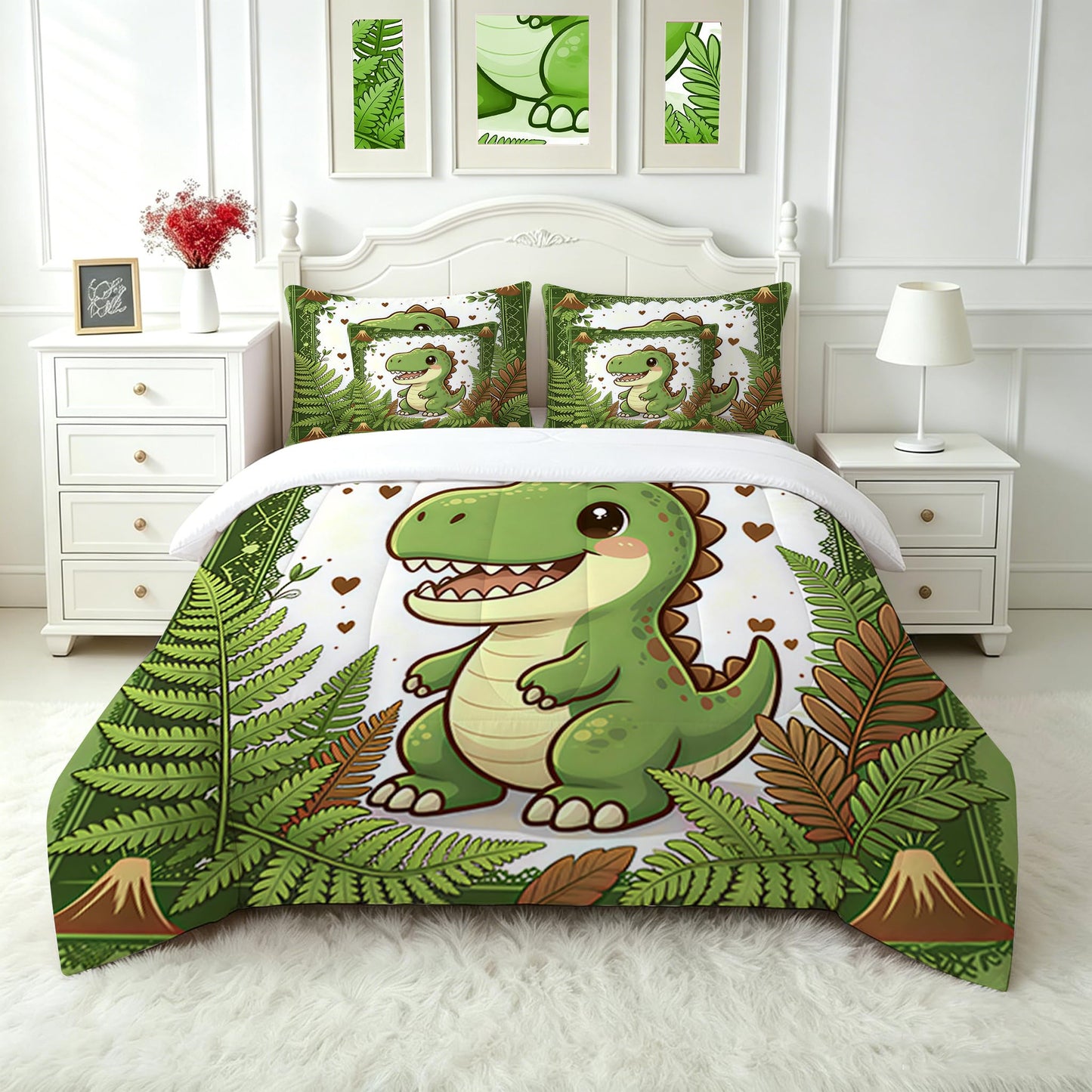 FUYEUN 7 Pcs Kids Bedding Comforter Set Queen Size, Cartoon Dinosaur & Volcano Print, Ultra Soft Microfiber Bed in a Bag with Flat Sheet & Pillowcases,Children Bedroom Decor