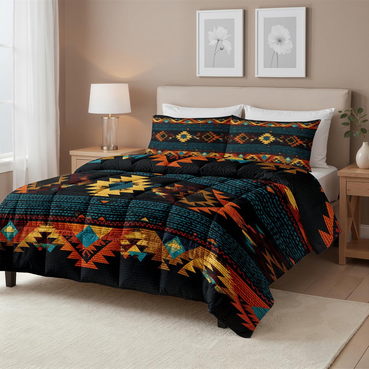 Aztec Comforter Set Queen Size 3 Pcs - All Season Duvet Insert & 2 Pillowcases, Navajo Tribal Bedding Set, Soft Lightweight Down Alternative Comforter, Geometric Bedroom Decor