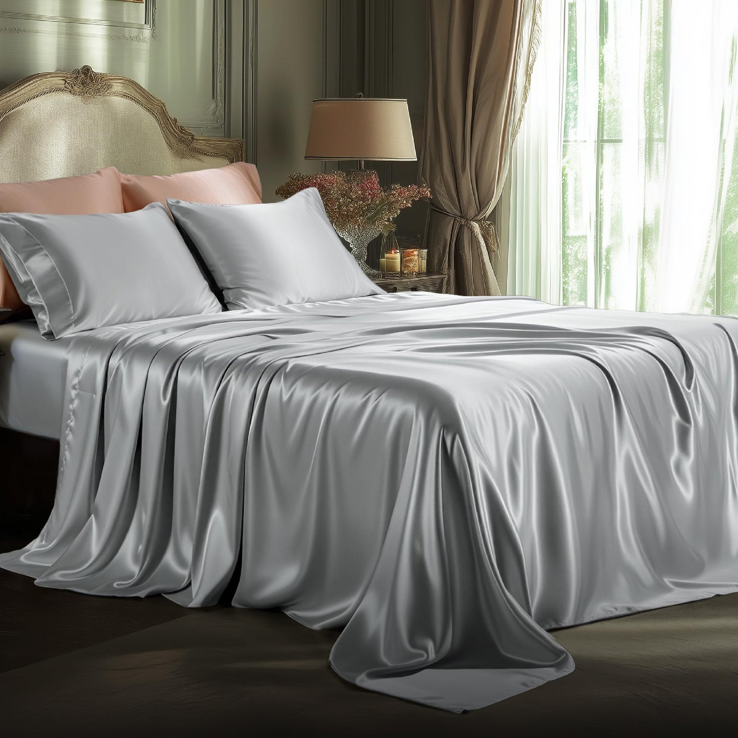 Bedsure Satin Sheets Full Size - 4 Piece Silky Bedsheets with 15 Inches Deep Pocket Fitted Bedsheet,1 Flat Sheet, 2 Satin Pillowcases, Good for Hair & Skin (Full, Silver Grey)