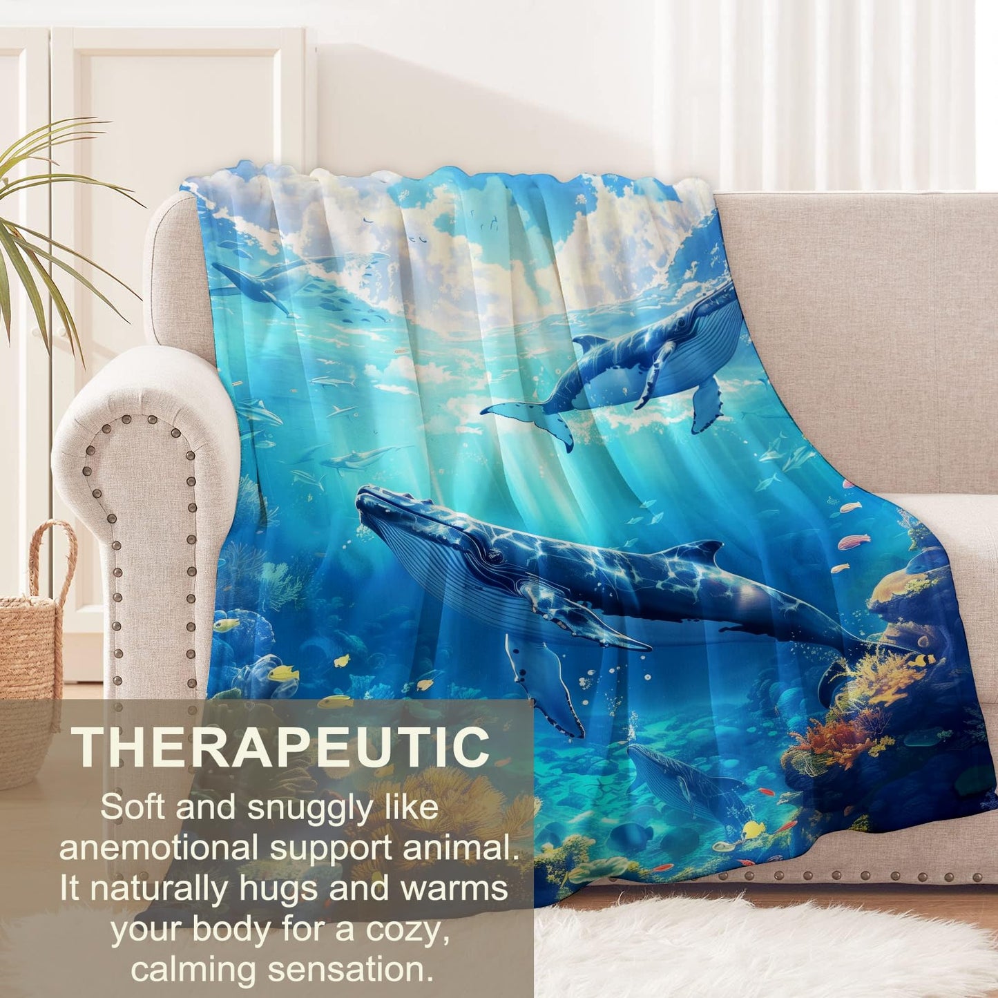 Flannel Whale Blanket for Kids & Adults, Ocean Animal Throw Blanket for Sofa, Couch, Bed - Soft, Warm & Cozy - 60" x 50"