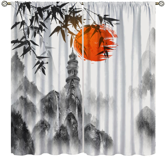 Japanese Curtain,Ink Painting Red Sun Sunset Bamboo Leaves Window Treatment Curtains Cloth Farbicr Dining Room Cafe Living Room Bedroom Kitchen Office Drapes Decor,42x45 in