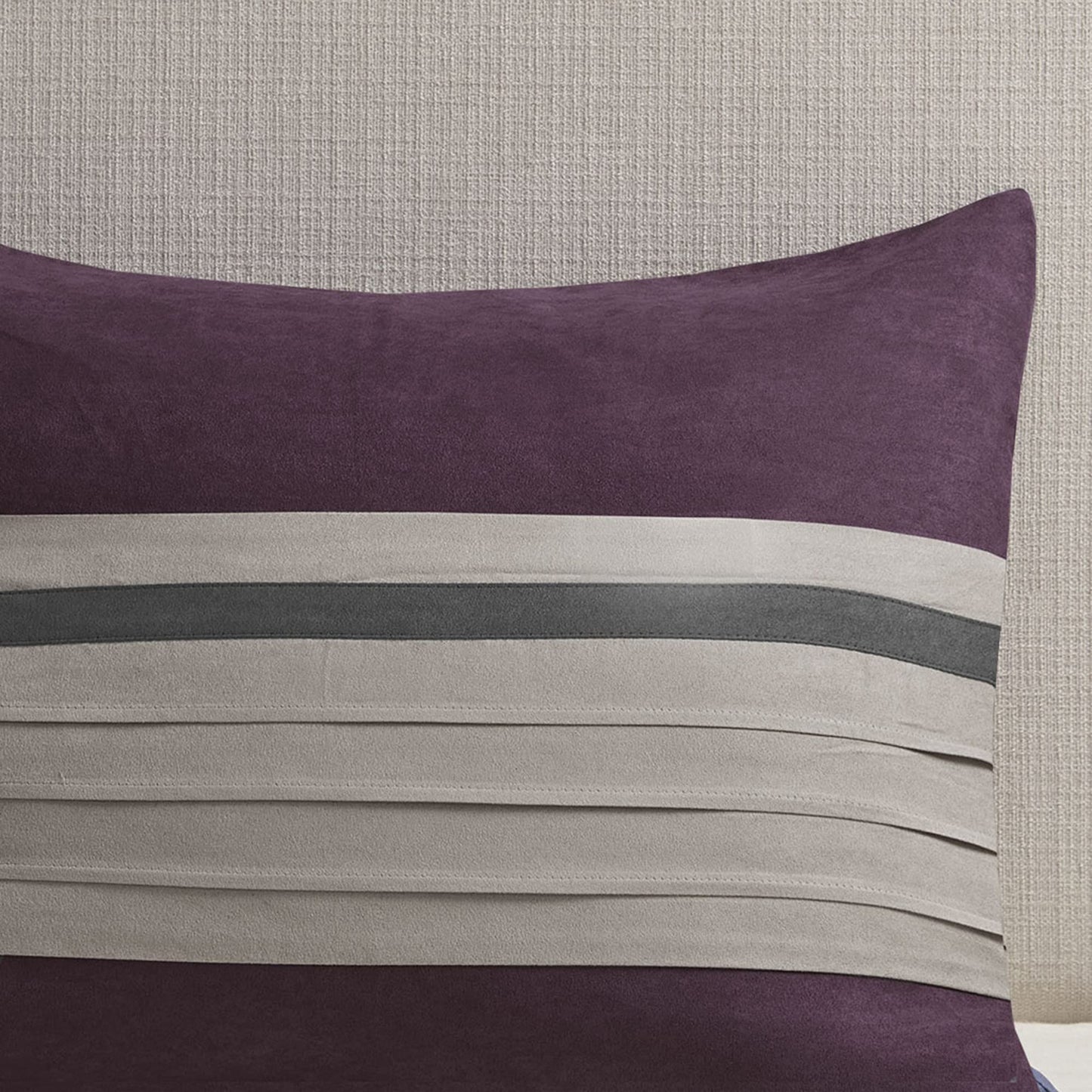 Madison Park Palmer Comforter Set - Faux Suede Design, Striped Accent, All Season Bedding, Shams, Decorative Pillow, Bed Skirt, Queen (90 in x 90 in), Purple 7 Piece