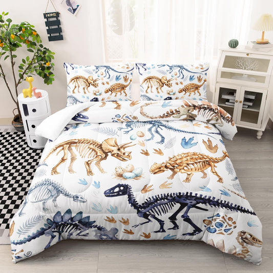 AILONEN Watercolor Dinosaur Fossil Queen Comforter Set, Elegant Skeleton Artwork Microfiber Quilt, All Season Ancient Creature Bedding for Guest Room Interior, 1Quilt+2Pillowcases