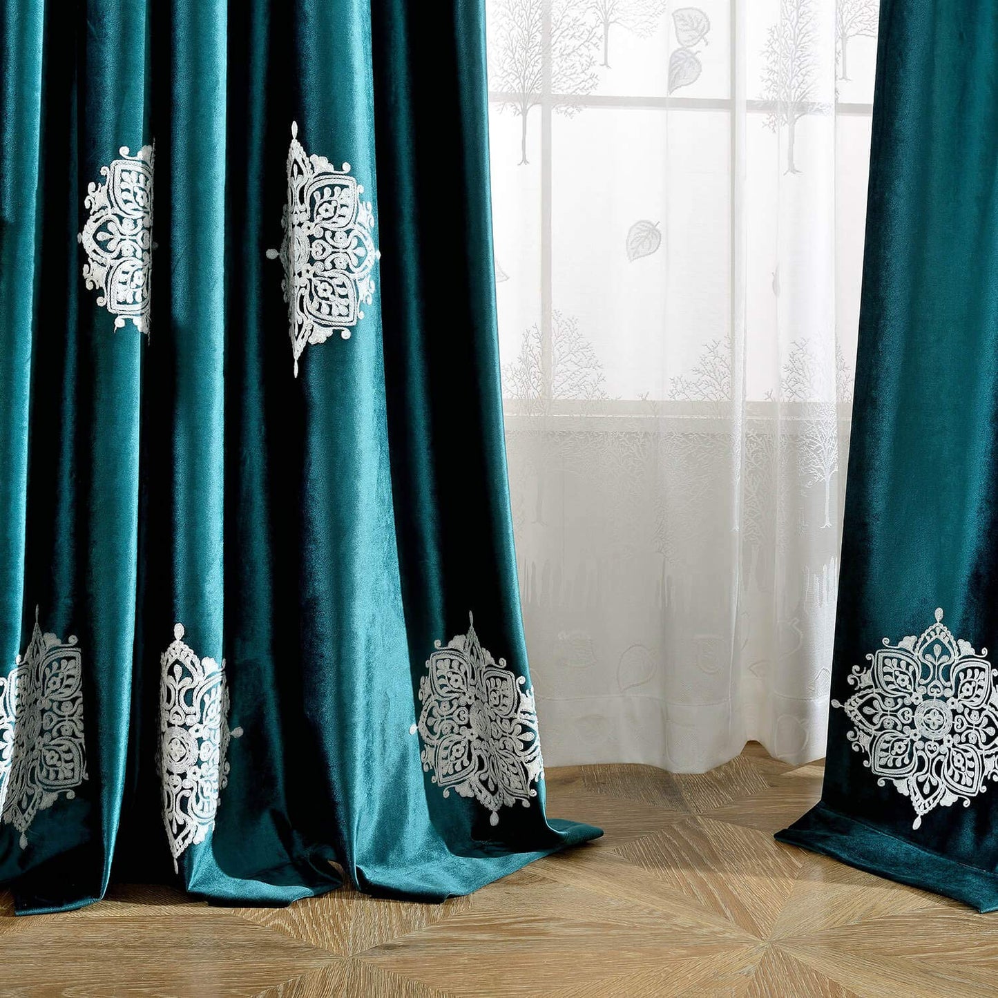 VOGOL 2 Panels Blackout Curtains for Living Room, White Flowers Embroidered Room Darkening Window Drapes for Bedroom, 52x84, Dark Green
