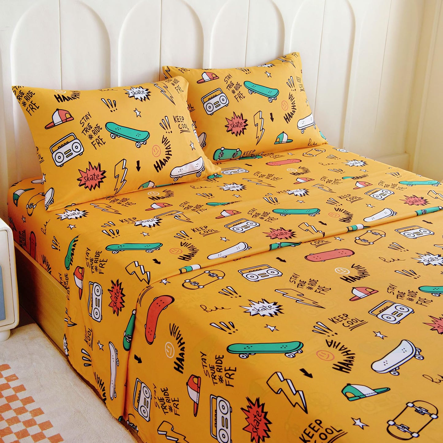 Homilay Full Sheet Set Kids - Skating 4 Pieces Soft Microfiber Cartoon Style Bedsheets for Boys Girls Teens, Oeko TEX Breathable 15 Inch Deep Pocket Sheets(Street)
