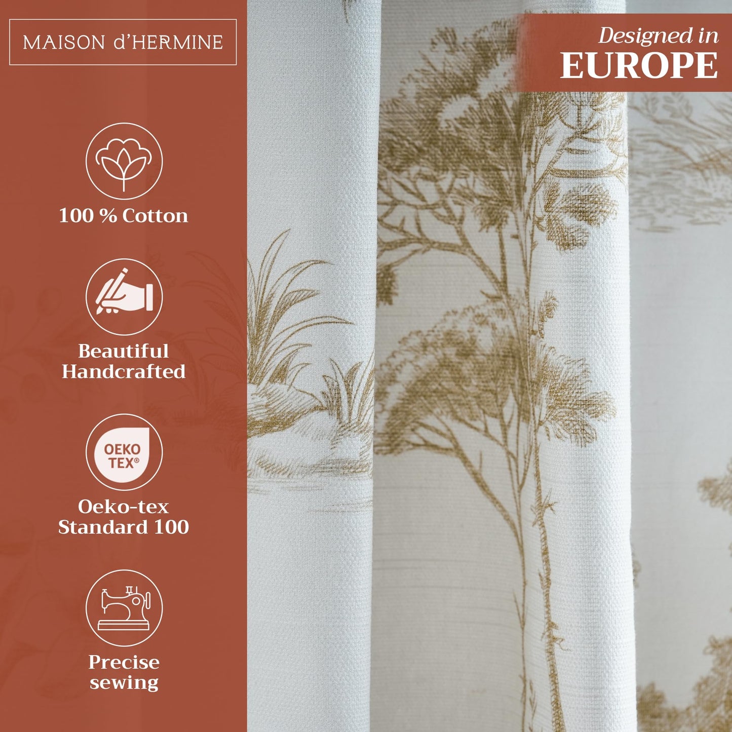 Maison d' Hermine Curtains for Living Room 100% Cotton 96 inch Length One Panel Light Filtering Toile Curtains for Bedroom Windows with Rod and Loop Pockets Drapes (Trianon Bronze, 50" W x 96" L)