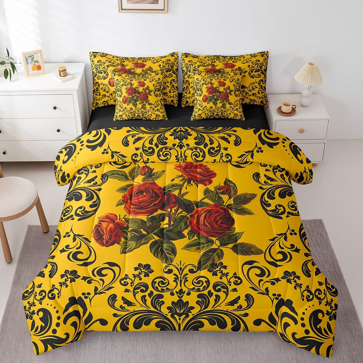 Erosebridal Gothic Roses Bed in A Bag 7 Piece Queen Rose Floral Boho Comforter Set with Sheets Retro Black Damask Rose Flower Bedding Set for Kids Adults Romantic Aesthetics Bed Set Yellow Black