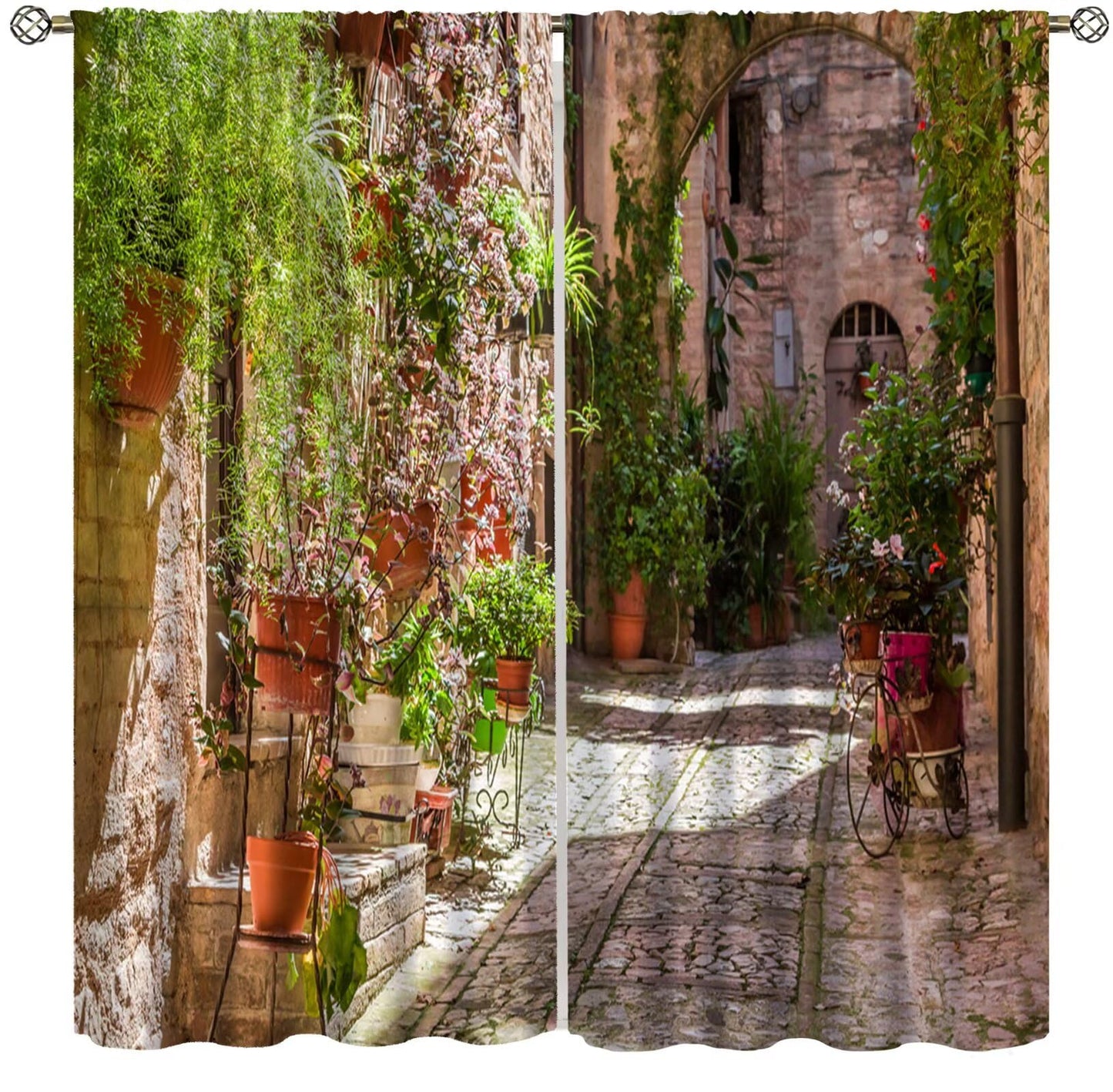 Italy Town Decor Curtain, Rustic Italian Street Sun Stone Alley Green Plant Pink Flower Landscape Print Rod Pocket Window Drapes, for Bedroom Living Room Kitchen 42" W X 45" L