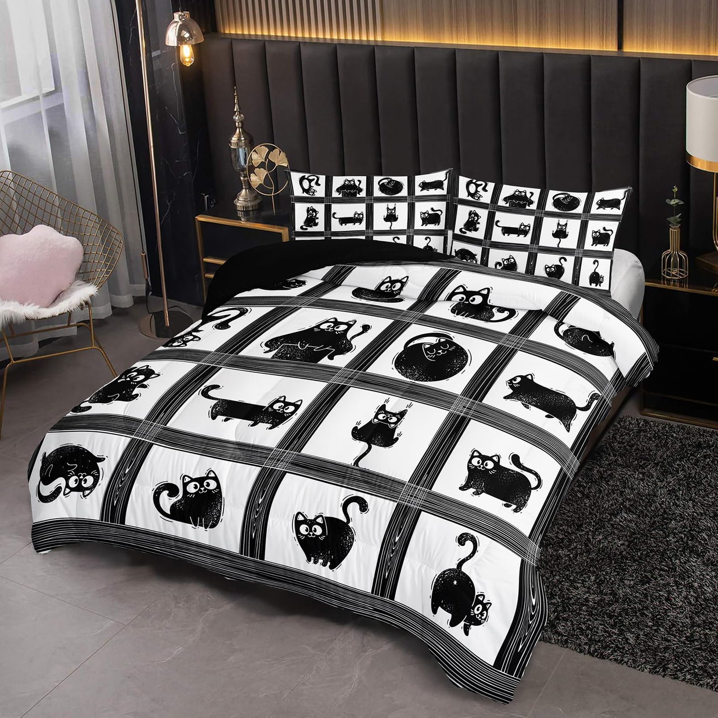Nttopship Kids Cartoon Cat Comforter Bedding Set Twin,Black Cat and Grid Bedding Set 3 Piece for Teens Kids Boys Girls Adults Room Decor Animals Print Comforter 2 Pillow Cases