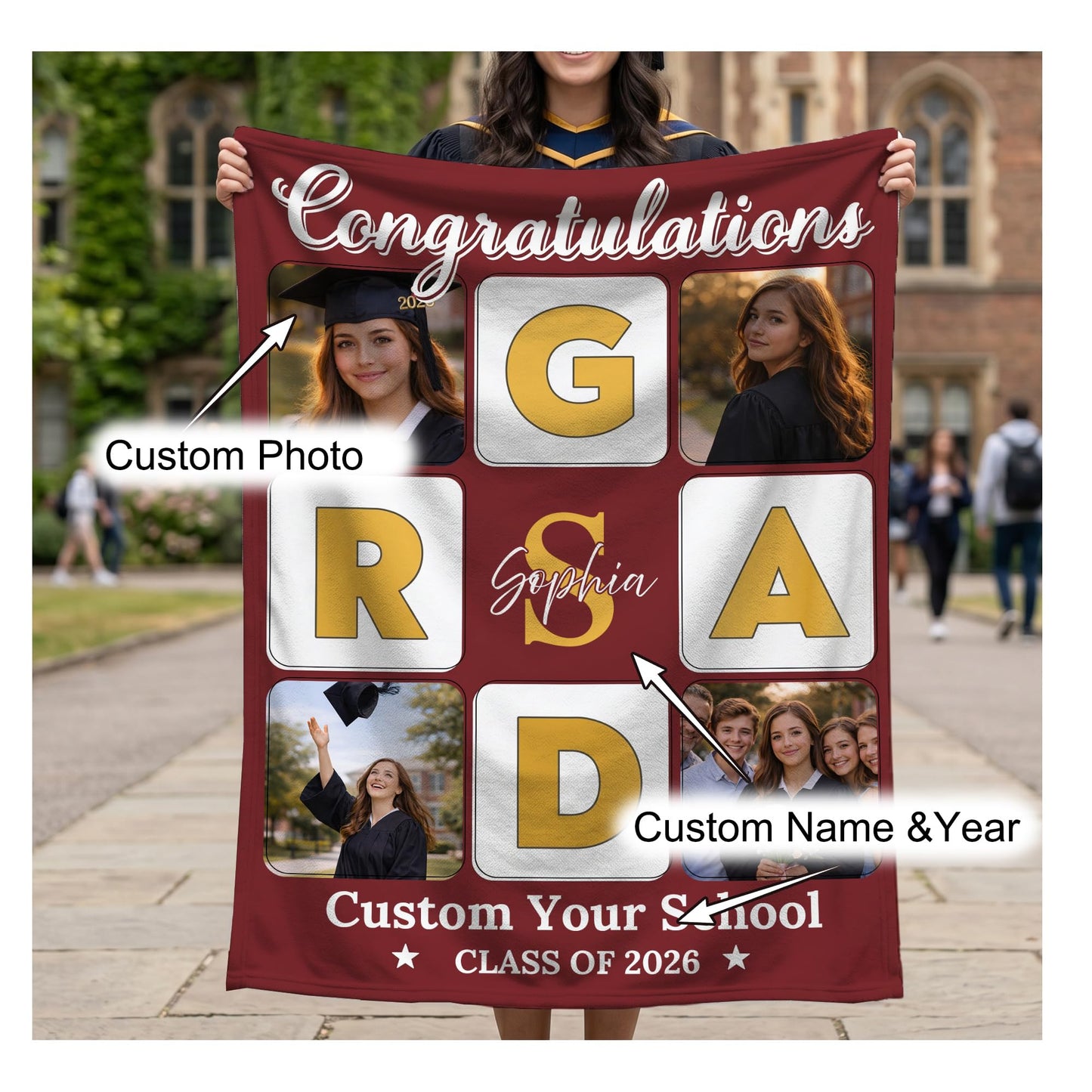 Ipplee Personalized Graduation Blanket with 4 Photos Custom Class of 2026 Flannel Throw Blanket with Name-Grad Photo Collage Blanket, Senior Graduation Gifts for Student Her Him High School College