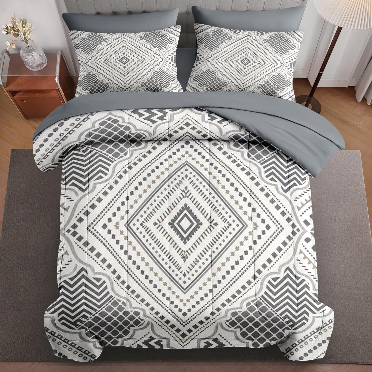 Boewywh Comforter Set Twin Size Boho Geometric Aztec 7 Pcs, Bedding for Kids and Adults, Farmhouse Grey Bed Sheet Sets with Fitted Sheet 2 Pillowcases & 2 Shams for Bedroom Bed Decor