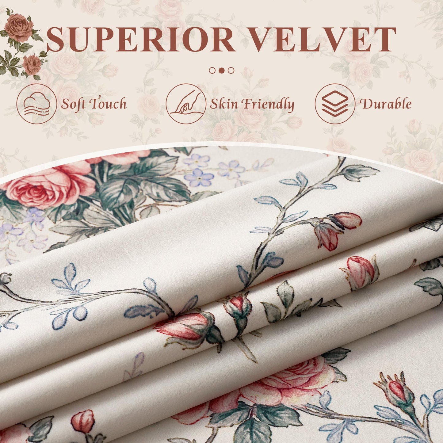 StangH French Country Rose Floral Velvet Curtains, Cream Shabby Chic Ribbon Bow Printed Window Drapes Romantic Privacy Panels for Girls Room Nursery, W52 x L84, 2 Panels