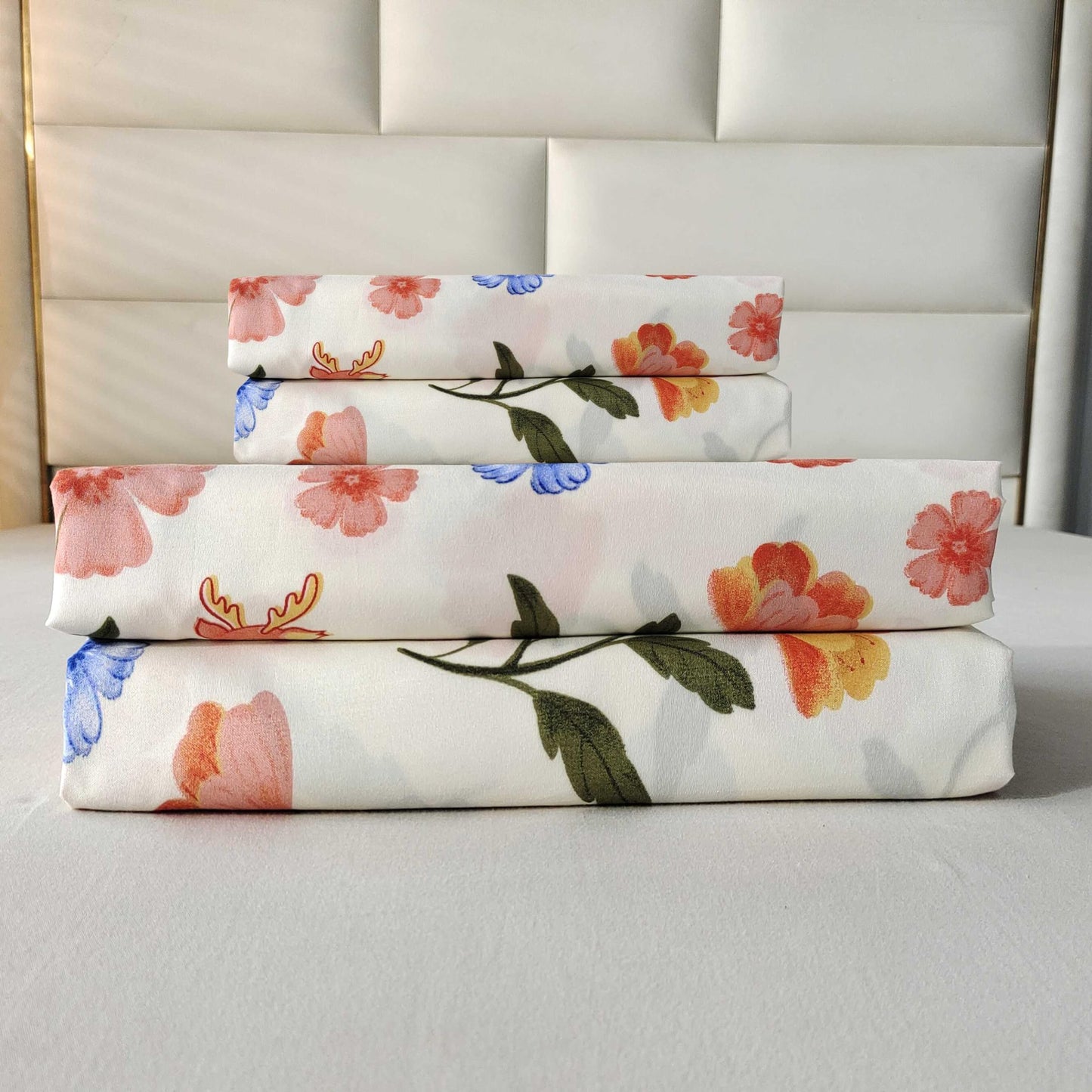 SDIII Reindeer and Floral Twin Fitted Sheet with 2 Pillowcases, Deep Pocket Soft Microfiber Fawn and Floral Sheet Twin Size All Season