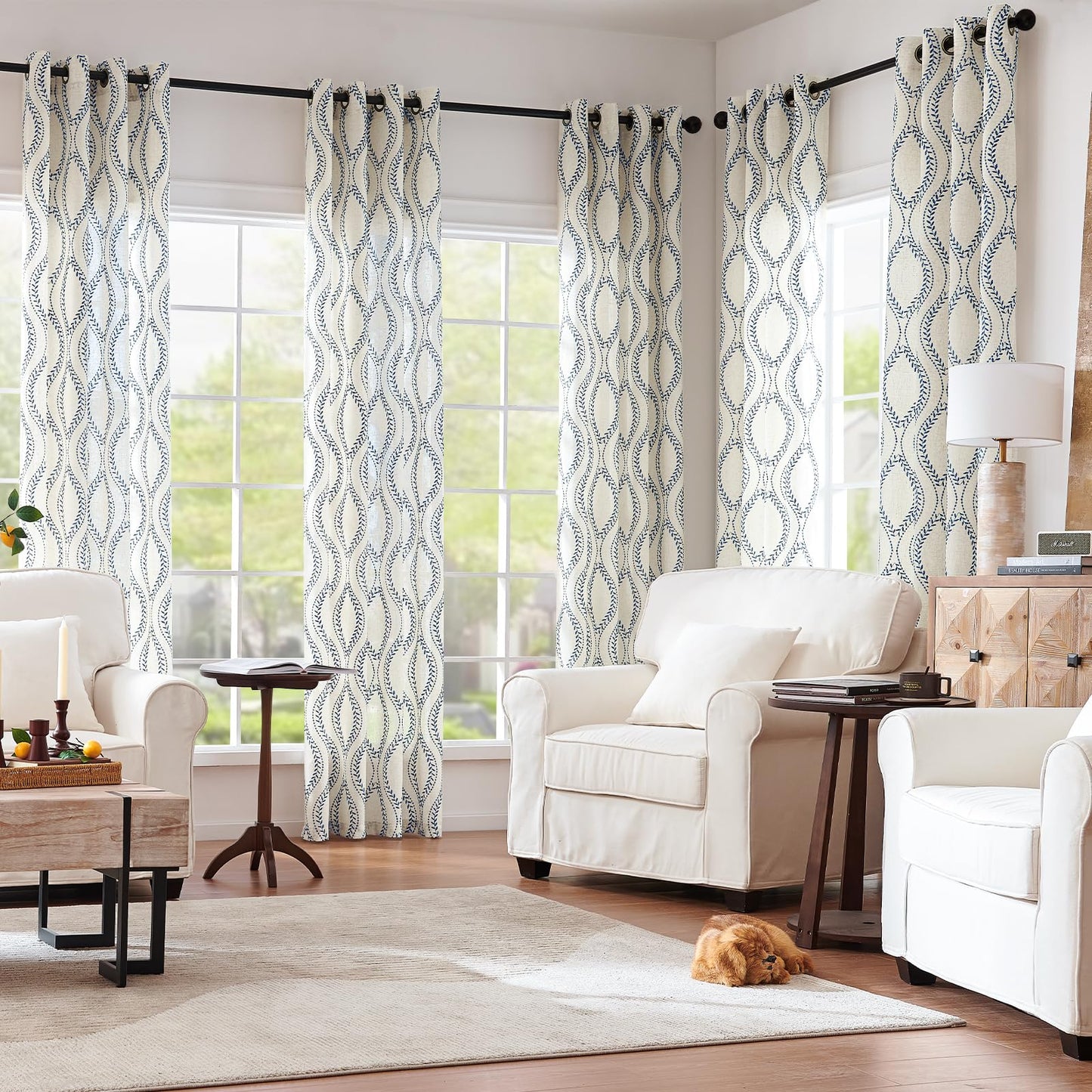 jinchan Boho Linen Blend Beige Farmhouse Curtains 84 Inch Length 2 Panels Set Blue Embroidered Leaf Living Room Ogee Geometry Drapes Light Filtering Curtains Grommet Blue on Flax