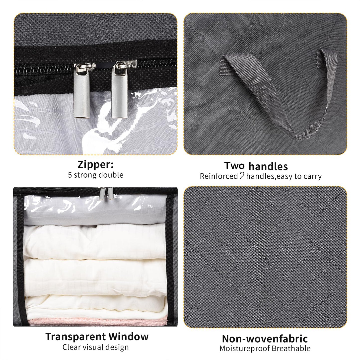 3 Pack Storage Bags, 45L Foldable Clothes Storage Bins with Lids, Closet Organizers Blanket Storage Bags with Zippers Clear Window Sturdy Handles for Clothing Bedding Comforter Sweater Pillows (Gray)
