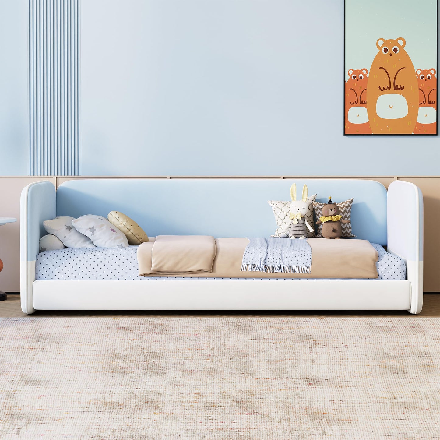Twin Size Montessori Floor Bed with Upholstered Headboard and Armrests, Velvet Twin Floor Bed Frame with Protective Side Panels, Low Profile Platform Daybed for Kids, No Box Spring Needed, Blue
