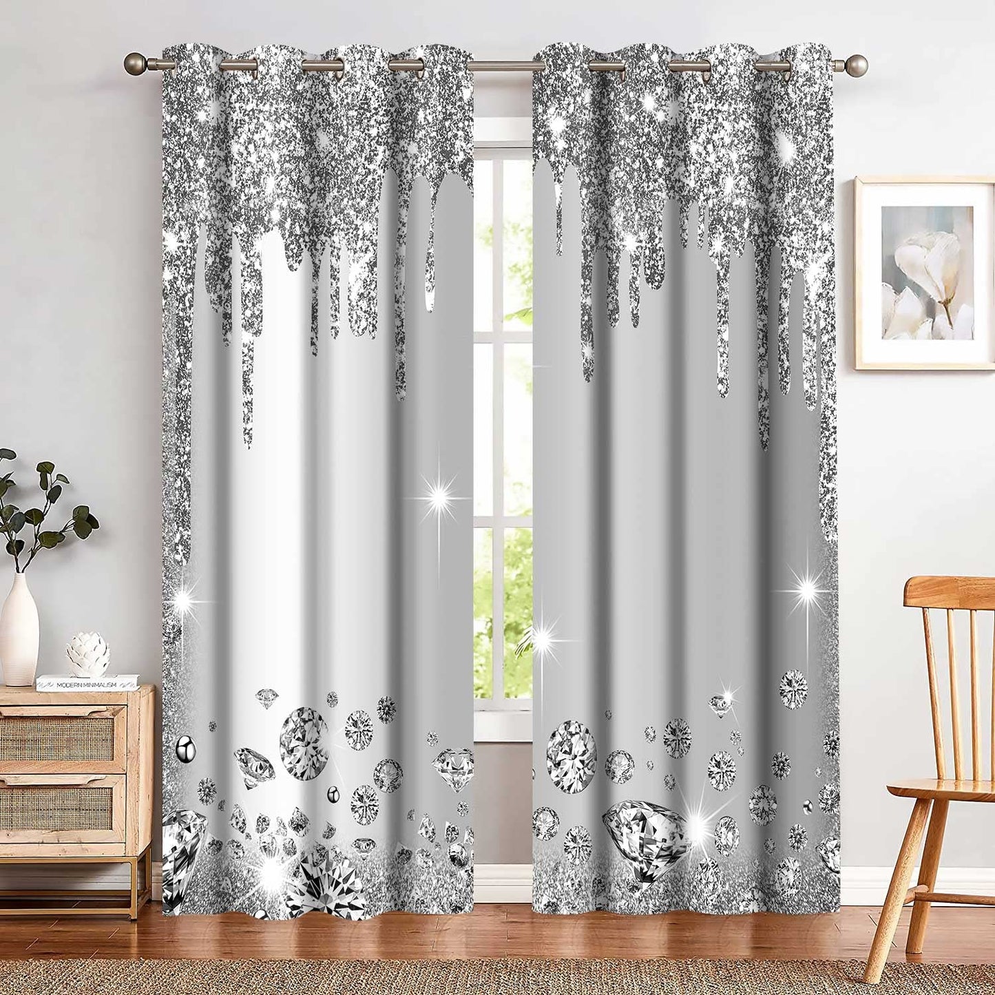 MIZSYE Sparkling Diamond Curtains Silver Shiny Drips Wall Decoration Inspiration Aart Blackout Curtains for Bedrooms Living Rooms Girls Bedroom 2 Panels 42x84inch CLZYMS52