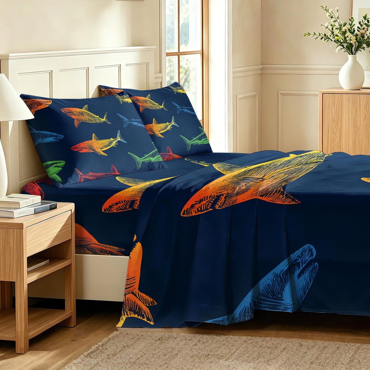 Shark Bedding Set 4 Pcs Marine Life King Sheets, Navy Blue