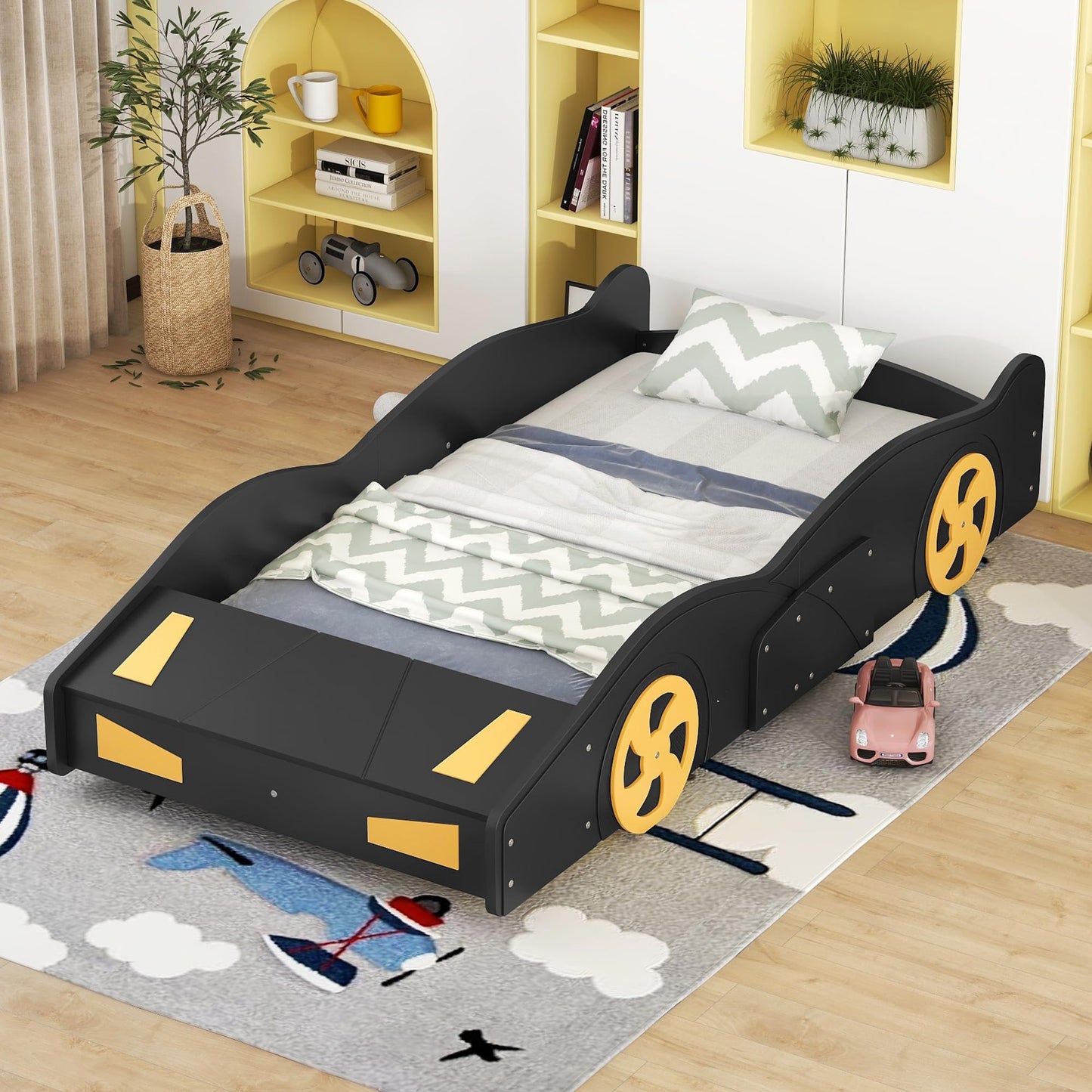 Acosure Twin Size Race Car Bed Platform Bed with Wheels and Storage,Wood Bed Frame W/Wood Slats Support,for Kids Boys Girls Teens,Box Spring Not Required,Black+Yellow
