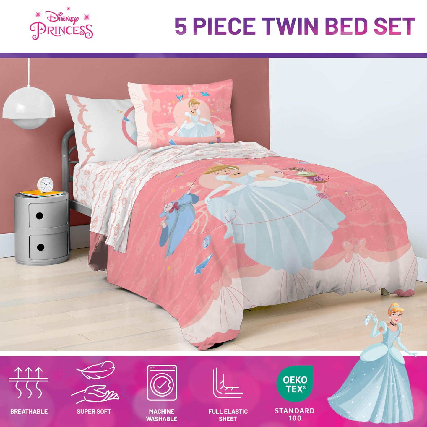 Jay Franco Kids Comforter Set Includes Sheets and Pillow Covers - Soft and Cozy Bed Set for Stylish Room Decor, Pink - Princess Cinderella, 5 Piece Twin Size Bedding