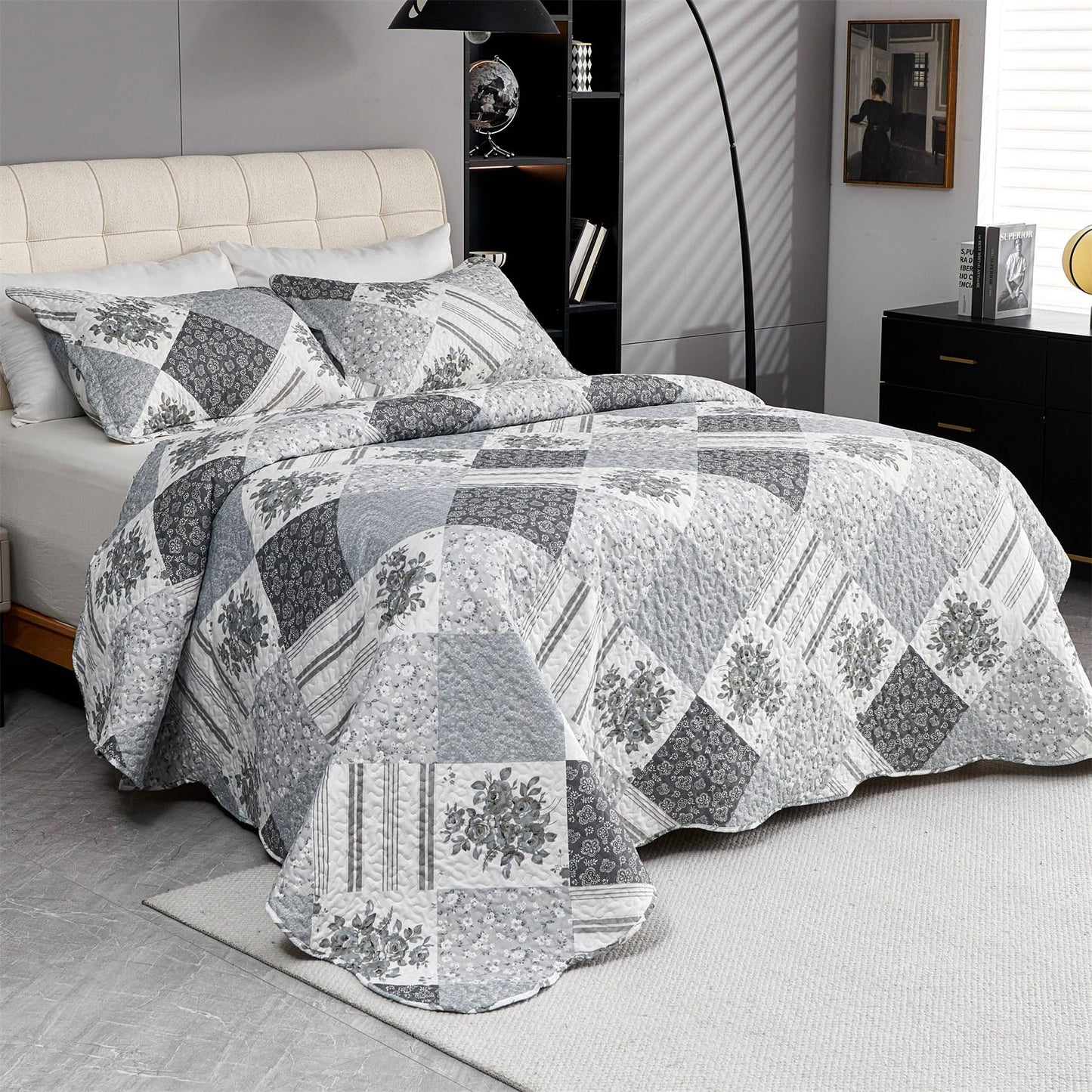 Cmfshape Summer Floral Queen Bedspread,Romantic Grey Quilt Set Full,Reversible Stitched Bedding Set All Season,Soft Lightweight Coverlet with Pillow Cases (Dark Grey, Queen90 x90)