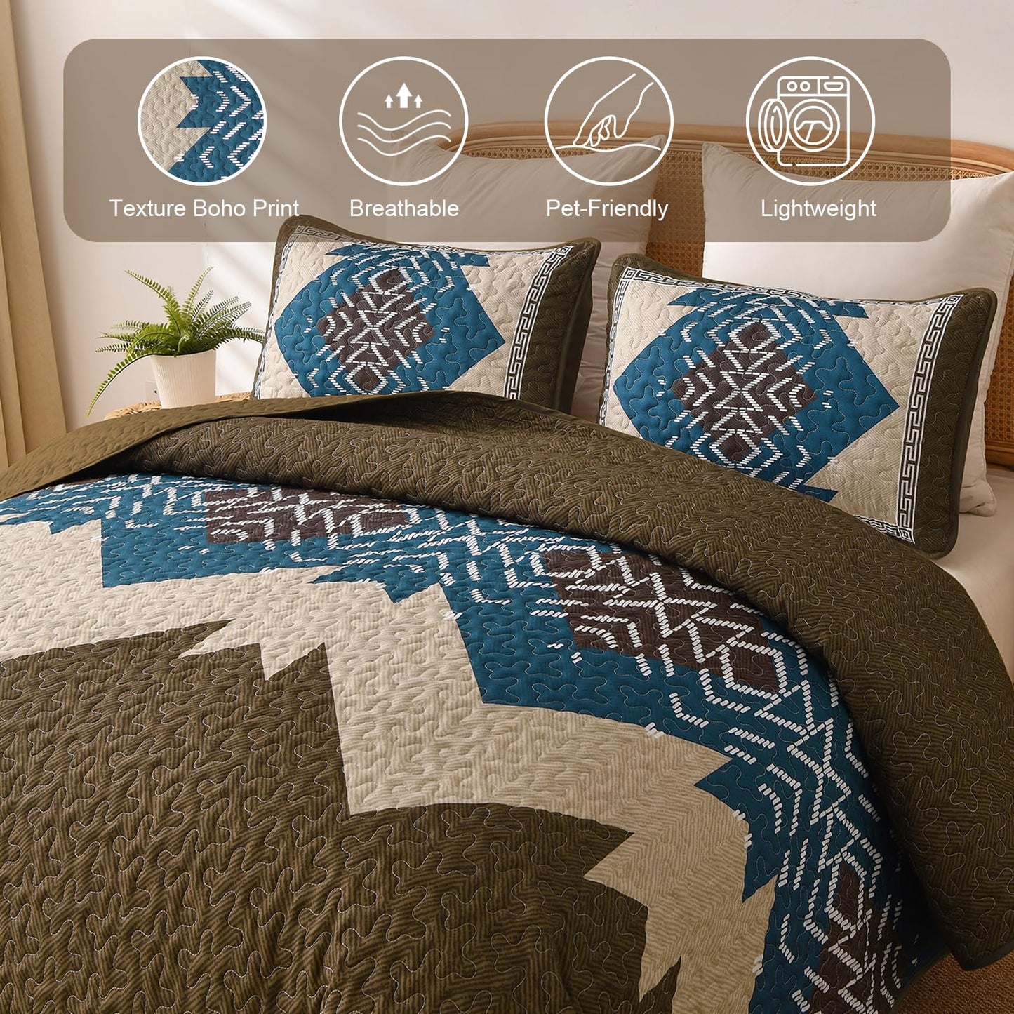 Dintszyayue Boho Quilt Set King Size, Brown Aztec Texture Bedspread Set, 3 Pieces Texture Southwestern Bedding Set, Soft Lightweight Coverlet Set for All Season Bedding with 2 Pillowcases