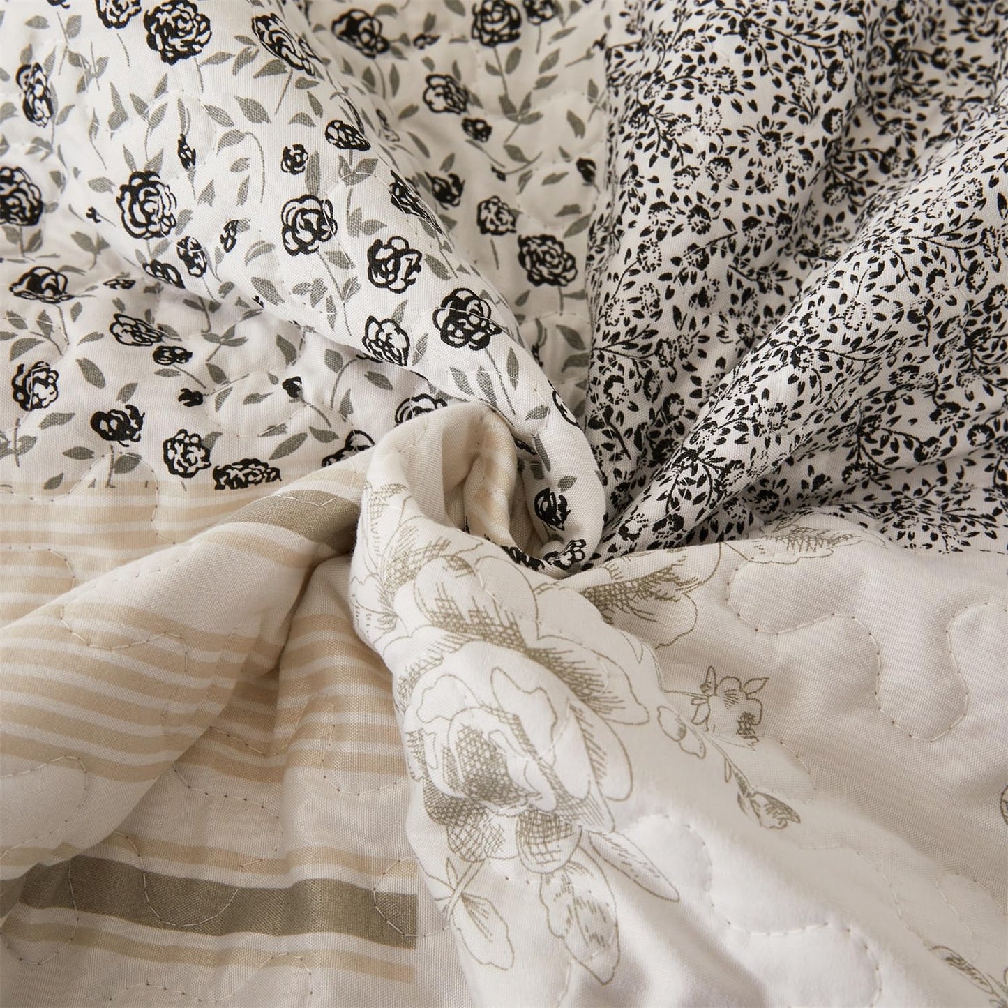 Cmfshape Summer Floral King Quilt Set,Grey Patchwork Quilts King,Reversible Quilted Bedspread with 2 Shams, Vintage Farmhouse Coverlet(Grey, King102 x90)