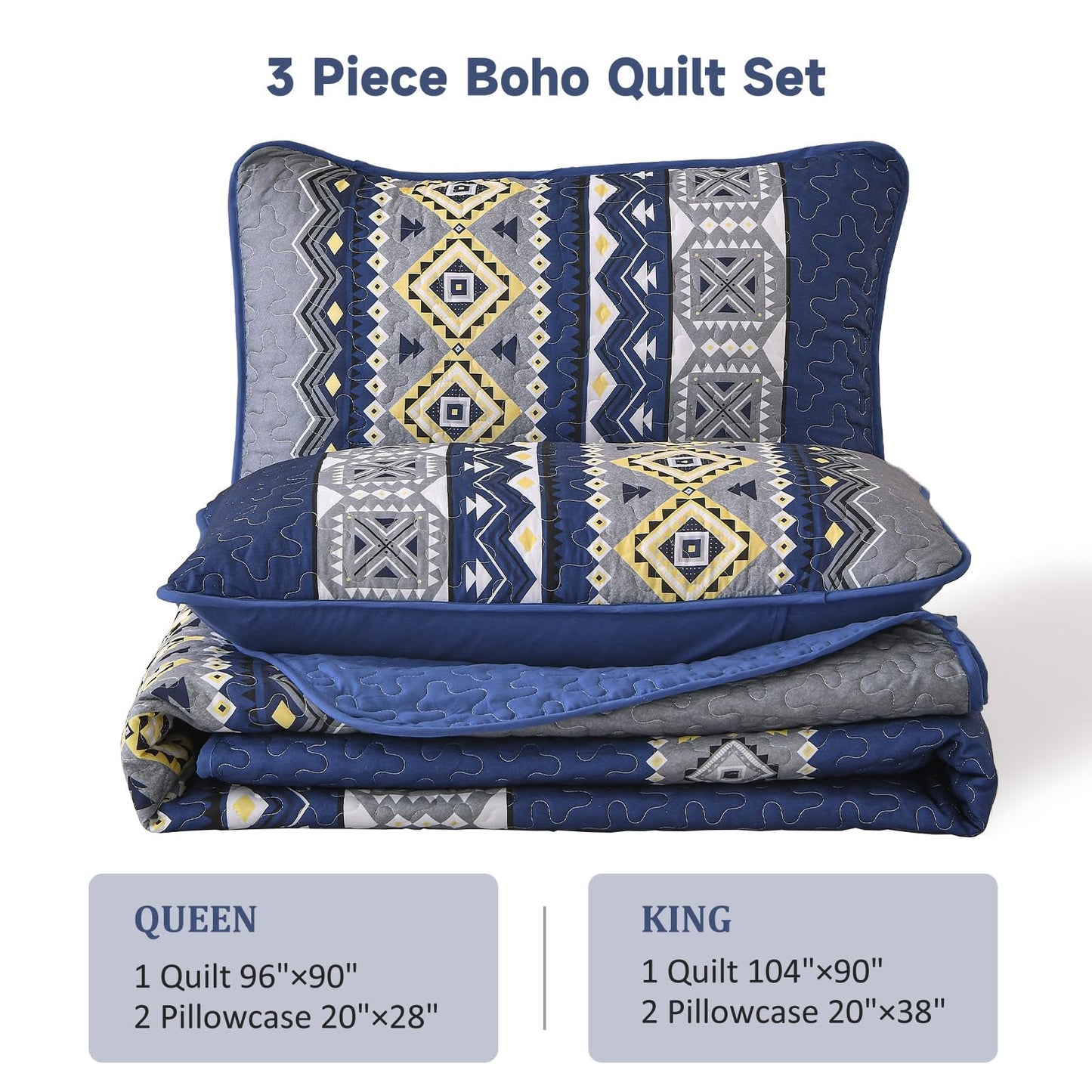 WONGS BEDDING 3 Pieces Quilt Set Queen Size, Navy Blue Quilt Bedspread Lightweight Bohemian Coverlet Set with 2 Pillowcase, Soft Geometry Printed Bedding Set Queen for All Season 96"×90"