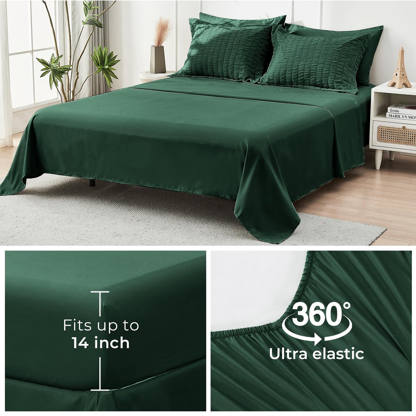 HYMOKEGE Emerald Green Oversized Queen Comforter Set Seersucker 7 Pieces, All Season Luxury Bed in a Bag for Bedroom, Bedding Set with Comforter, Sheets, Pillowcases & Shams